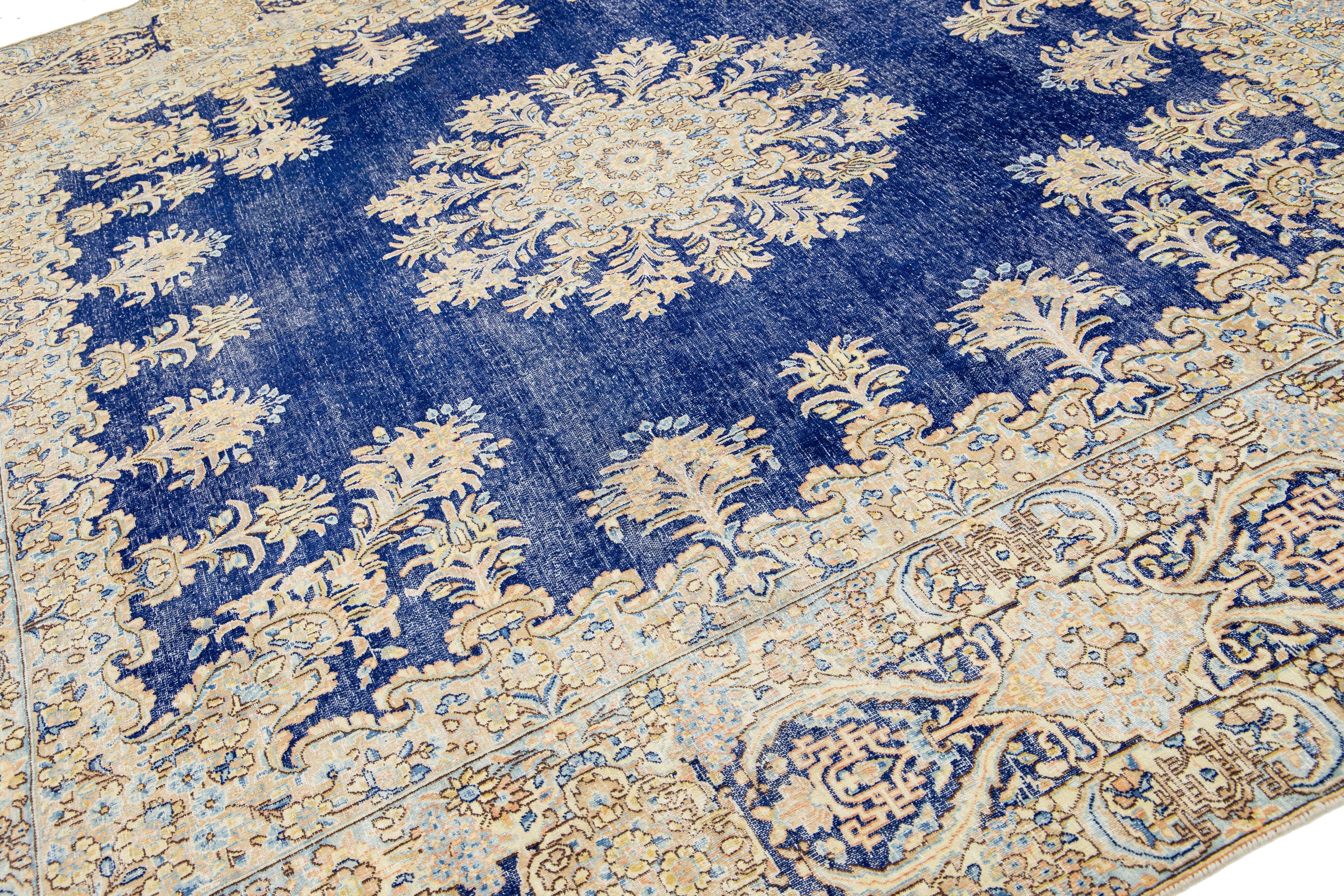 Hand-Knotted Blue Antique Persian Kerman Square  Wool Rug Handmade Featuring a Rosette Motif  For Sale
