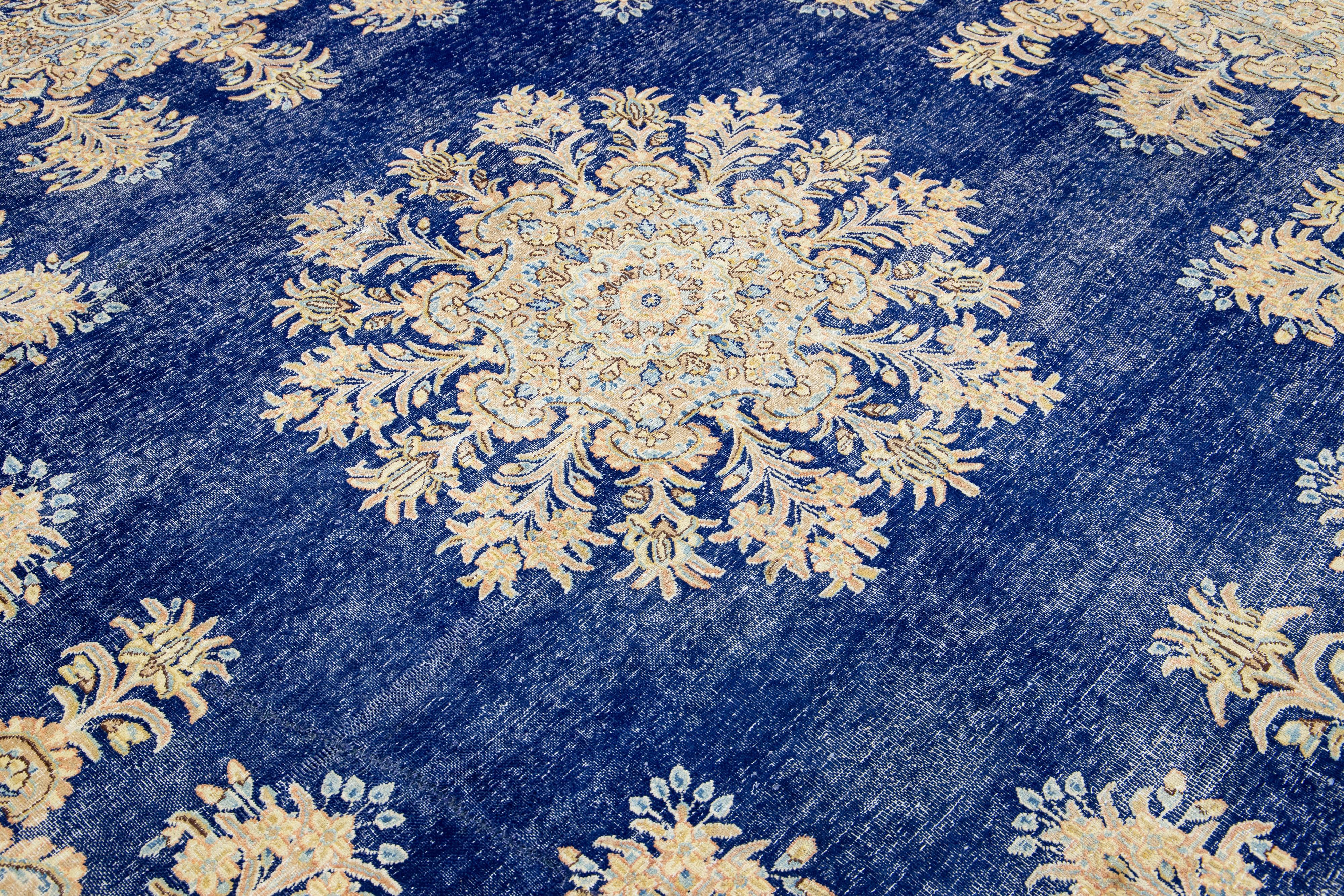 Blue Antique Persian Kerman Square  Wool Rug Handmade Featuring a Rosette Motif  For Sale 1