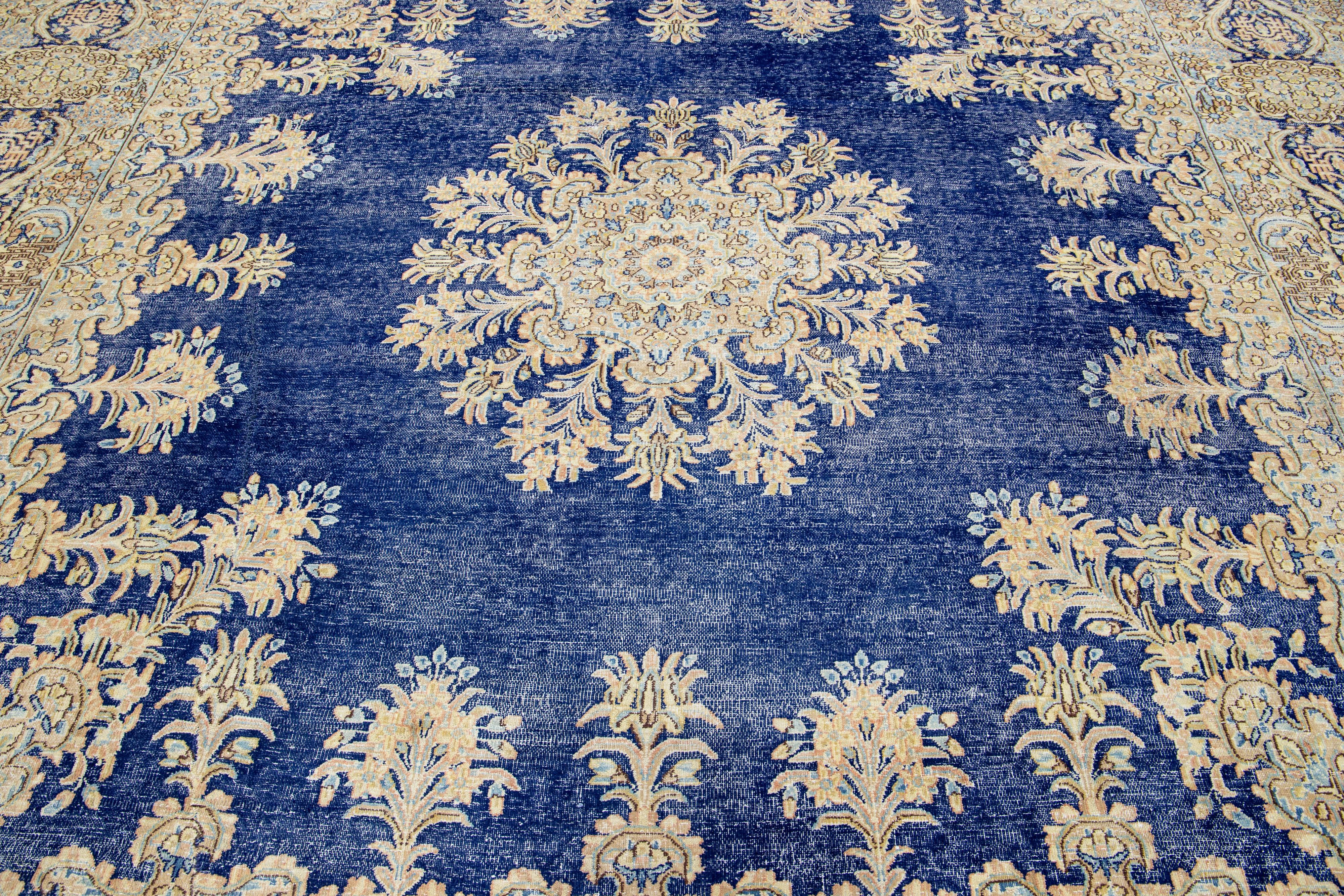 Blue Antique Persian Kerman Square  Wool Rug Handmade Featuring a Rosette Motif  For Sale 2