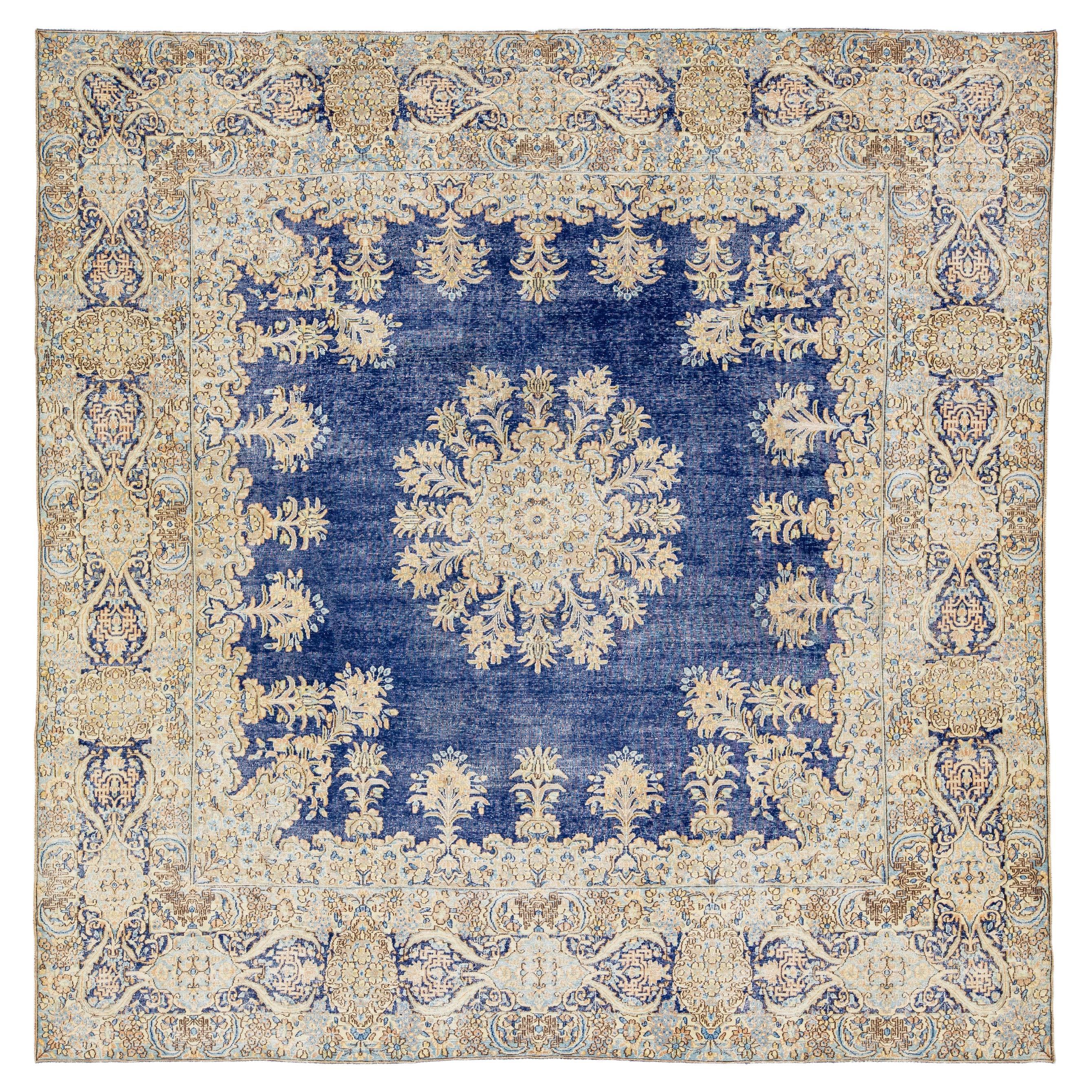 Blue Antique Persian Kerman Square  Wool Rug Handmade Featuring a Rosette Motif 