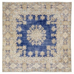 Blue Vintage Persian Kerman Square  Wool Rug Handmade Featuring a Rosette Motif 