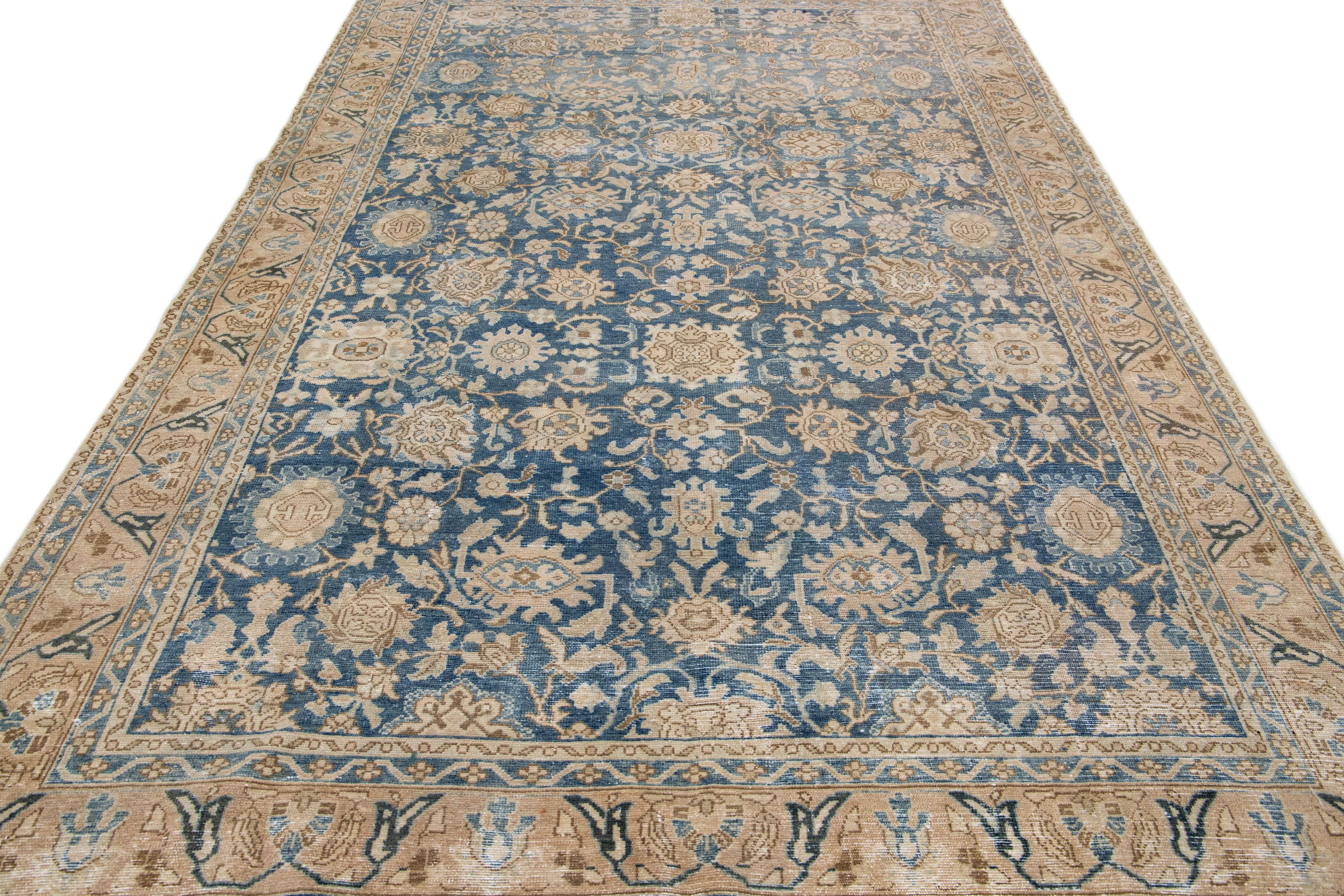 Hand-Knotted Blue Antique Persian Malayer Handmade Wool Rug with Allover Floral Design For Sale