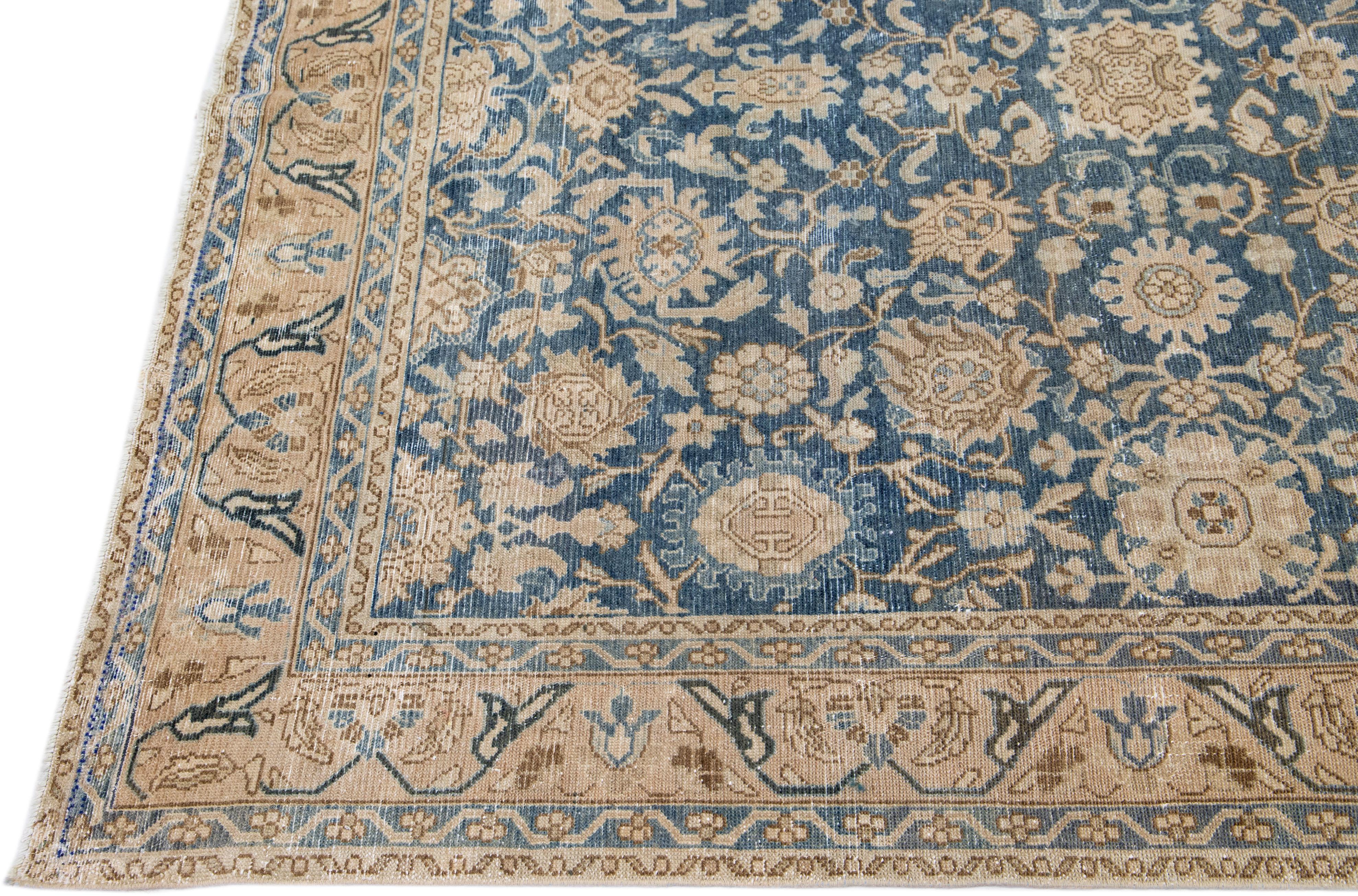 Blue Antique Persian Malayer Handmade Wool Rug with Allover Floral Design In Good Condition For Sale In Norwalk, CT