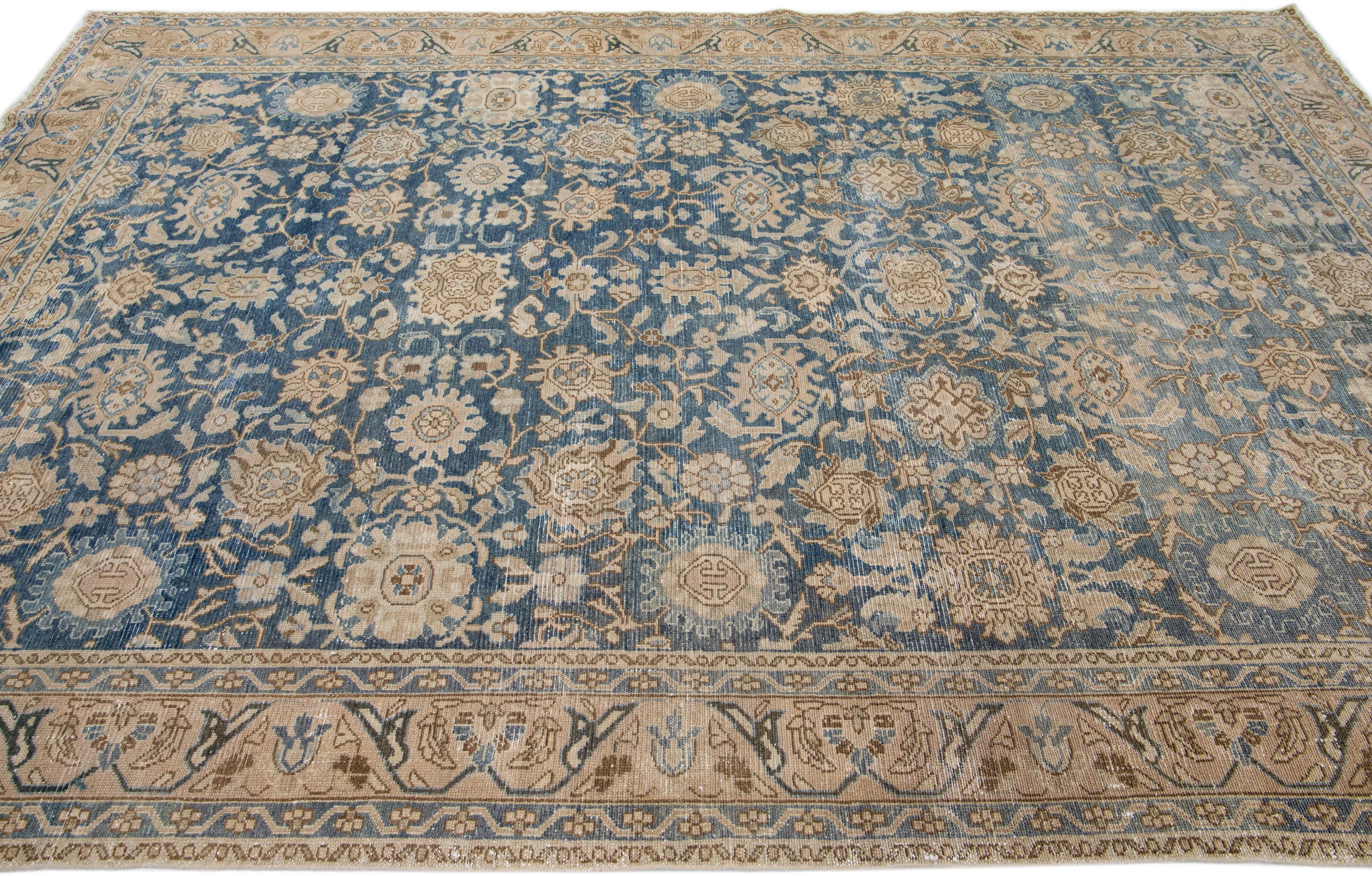 Blue Antique Persian Malayer Handmade Wool Rug with Allover Floral Design For Sale 1