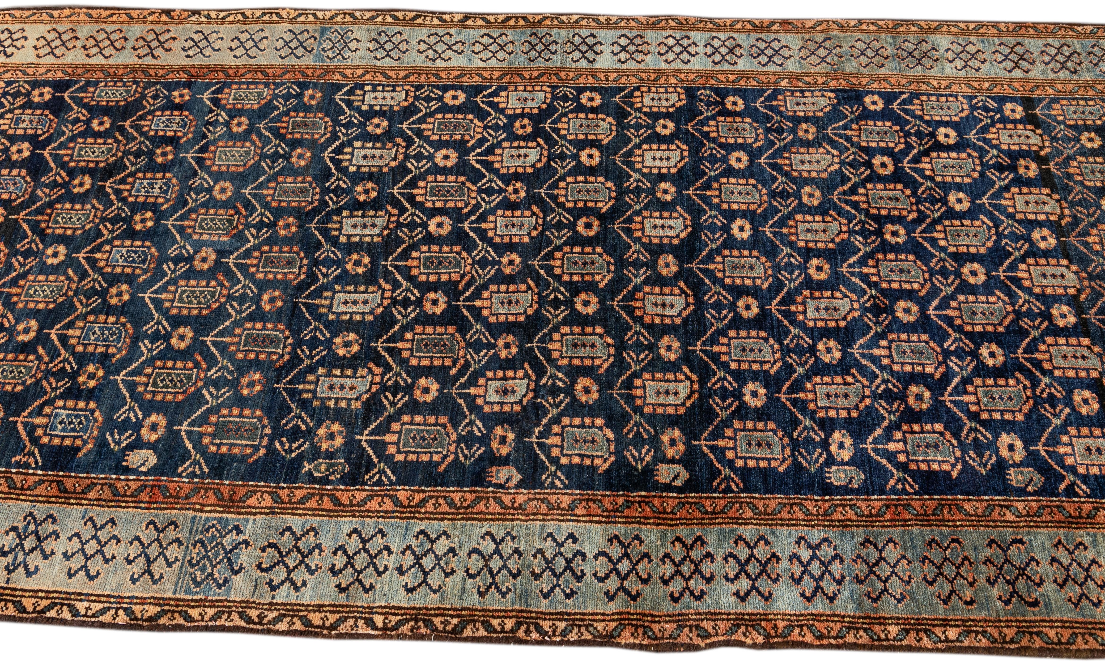 Blue Antique Persian Malayer Handmade Wool Runner with Allover Motif In Good Condition For Sale In Norwalk, CT