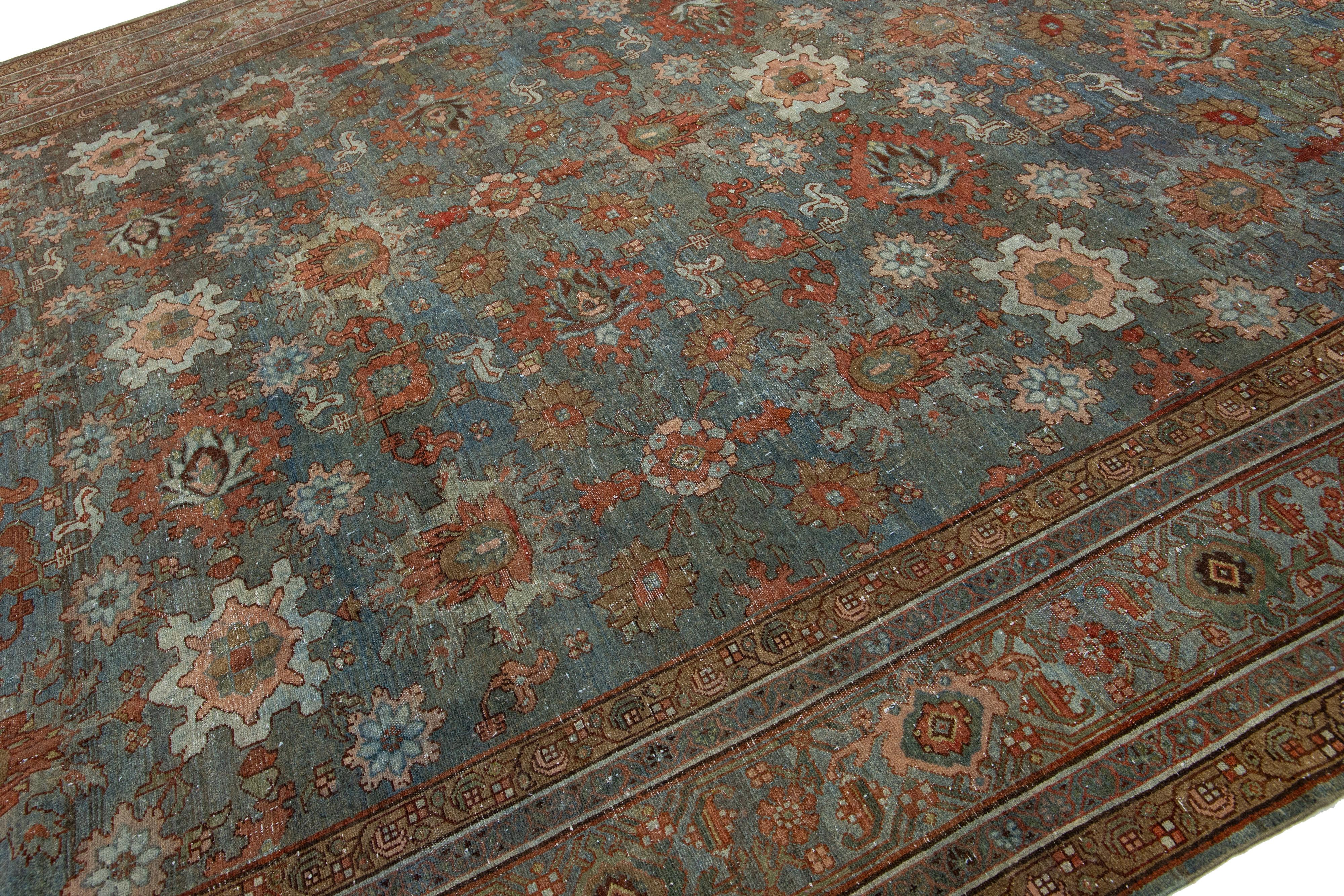 Hand-Knotted Blue Antique Persian Malayer Wool Rug Allover From The 1900s For Sale