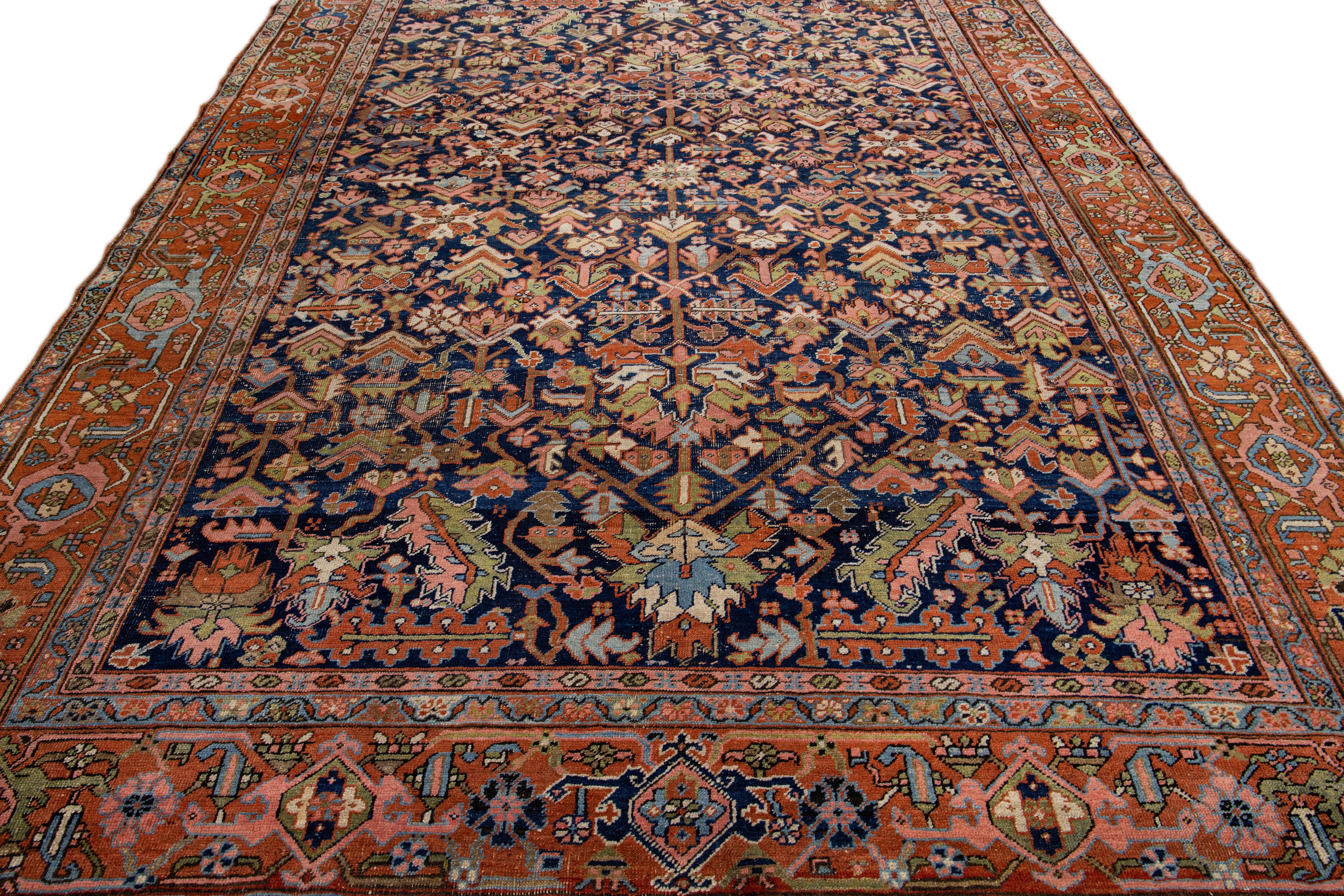 Heriz Serapi Blue Antique Persian Serapi Handmade Wool Rug with Allover Floral Pattern For Sale