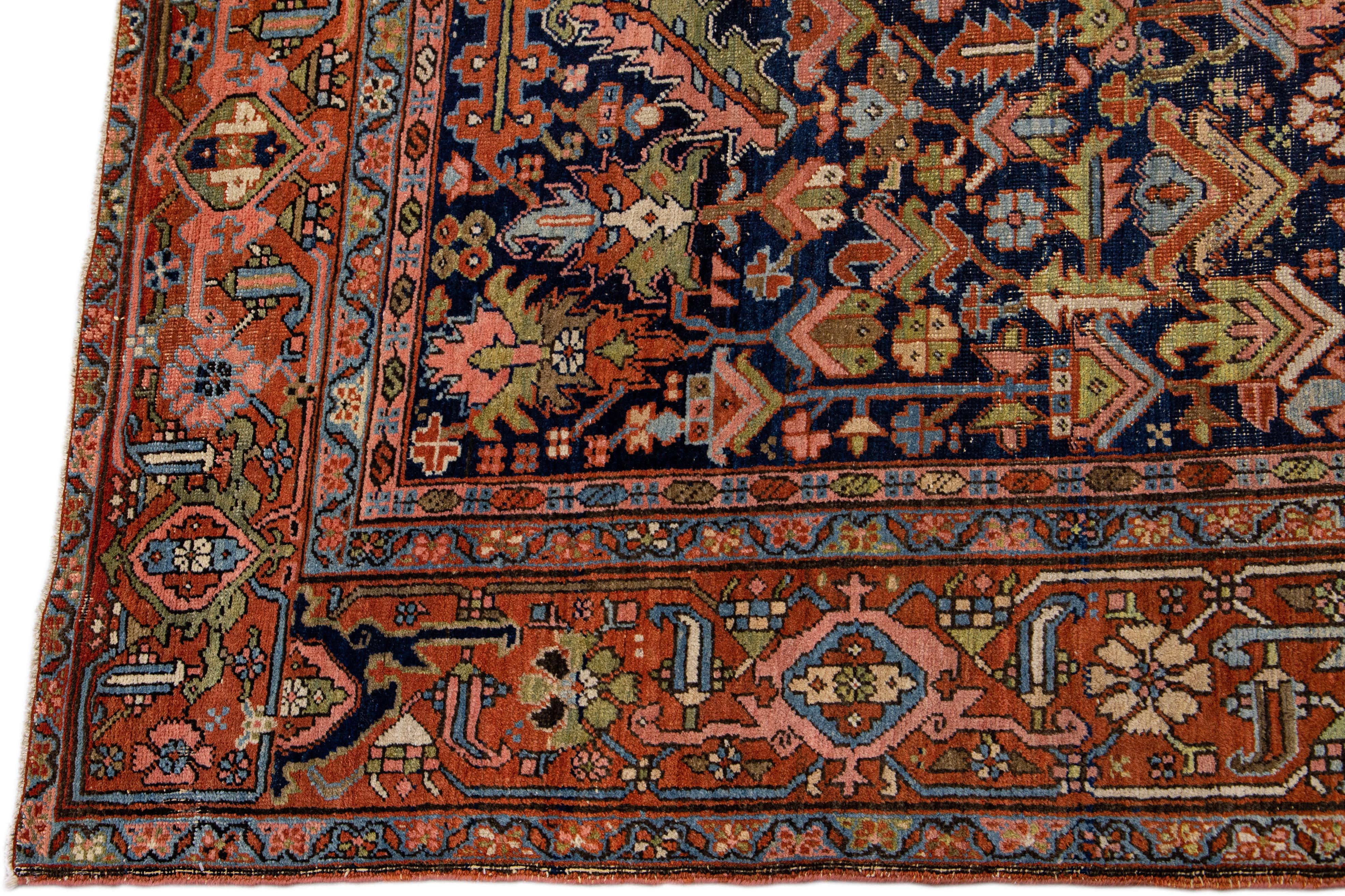 Hand-Knotted Blue Antique Persian Serapi Handmade Wool Rug with Allover Floral Pattern For Sale