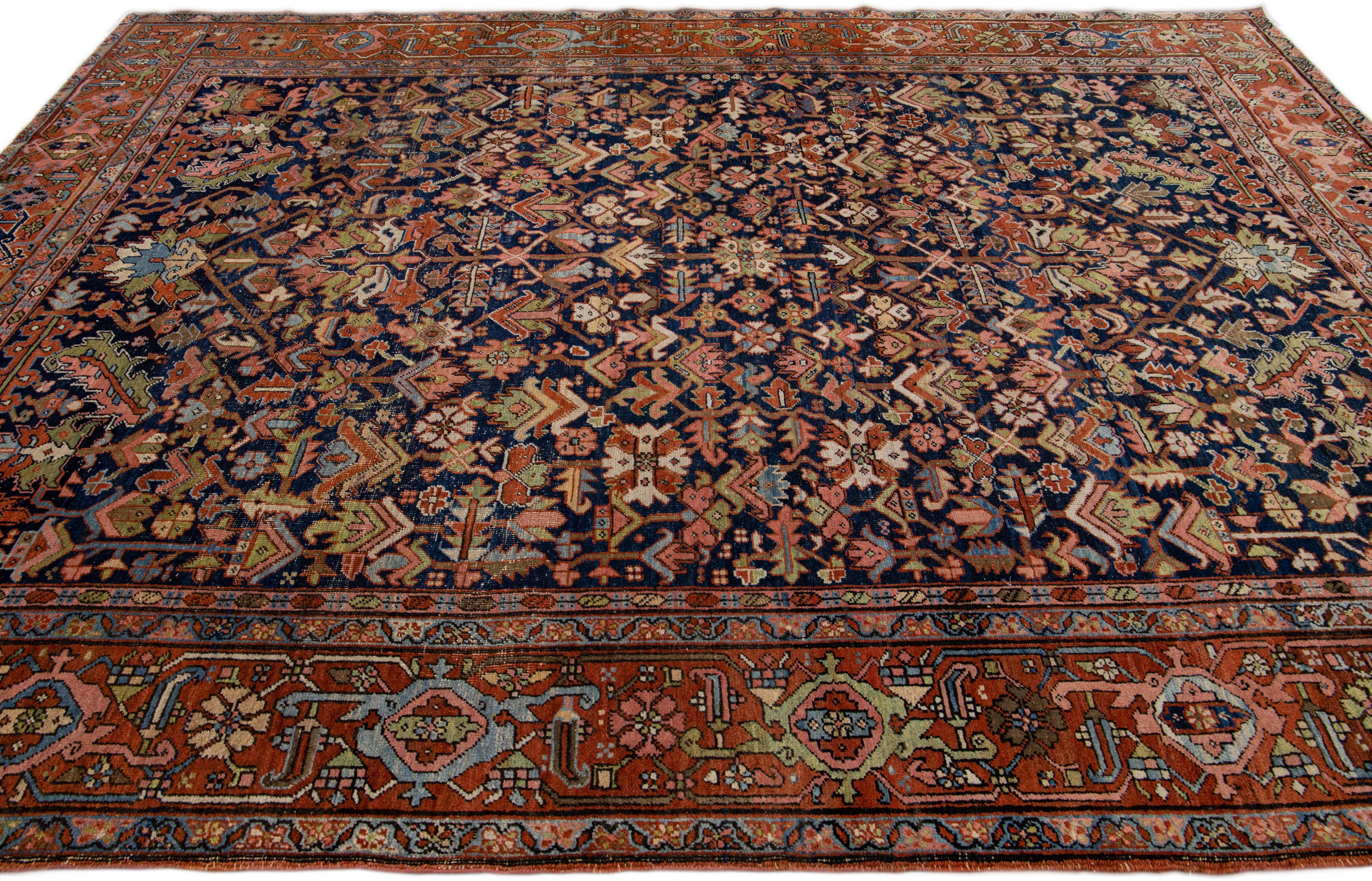 Blue Antique Persian Serapi Handmade Wool Rug with Allover Floral Pattern In Good Condition For Sale In Norwalk, CT