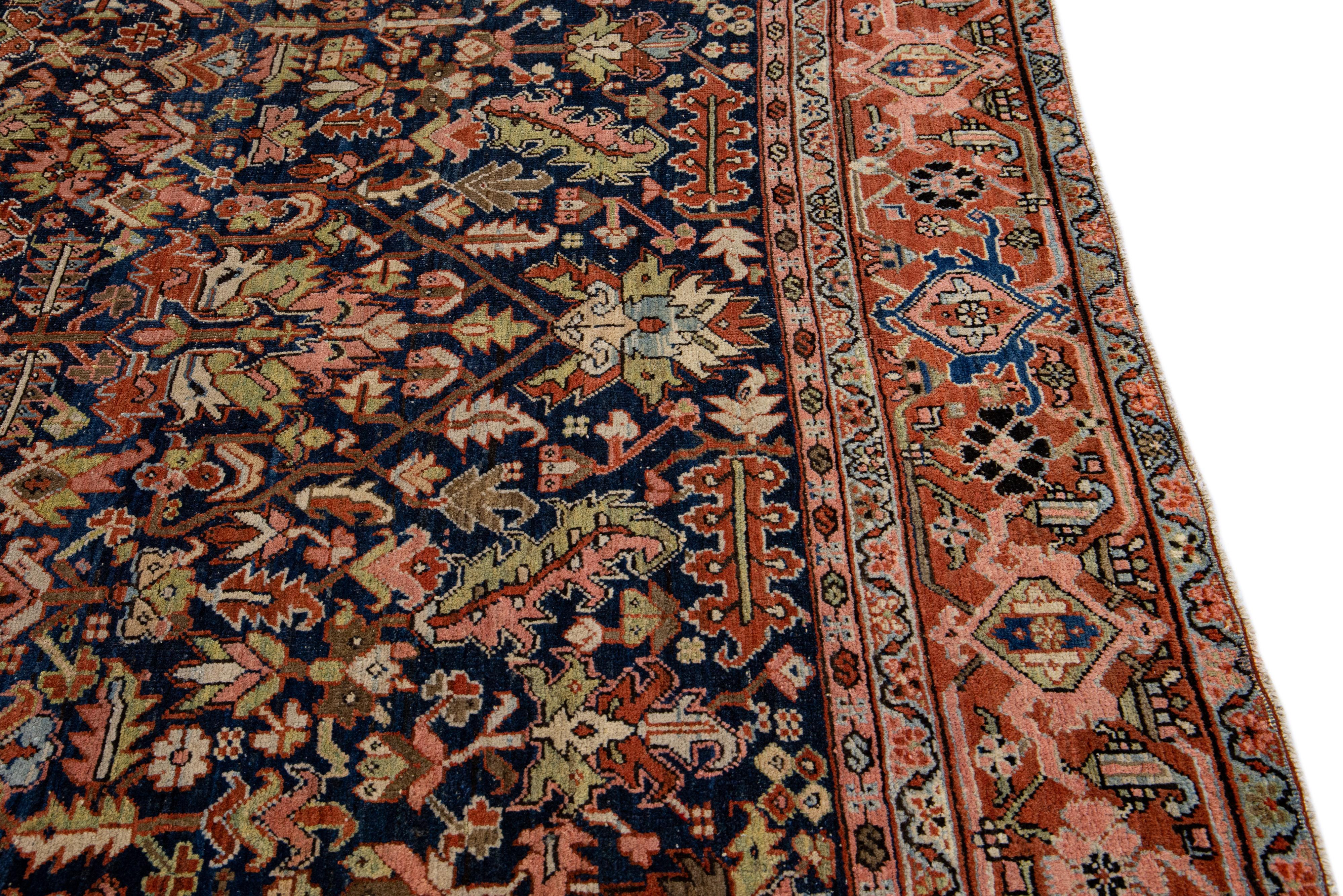 Blue Antique Persian Serapi Handmade Wool Rug with Allover Floral Pattern For Sale 2