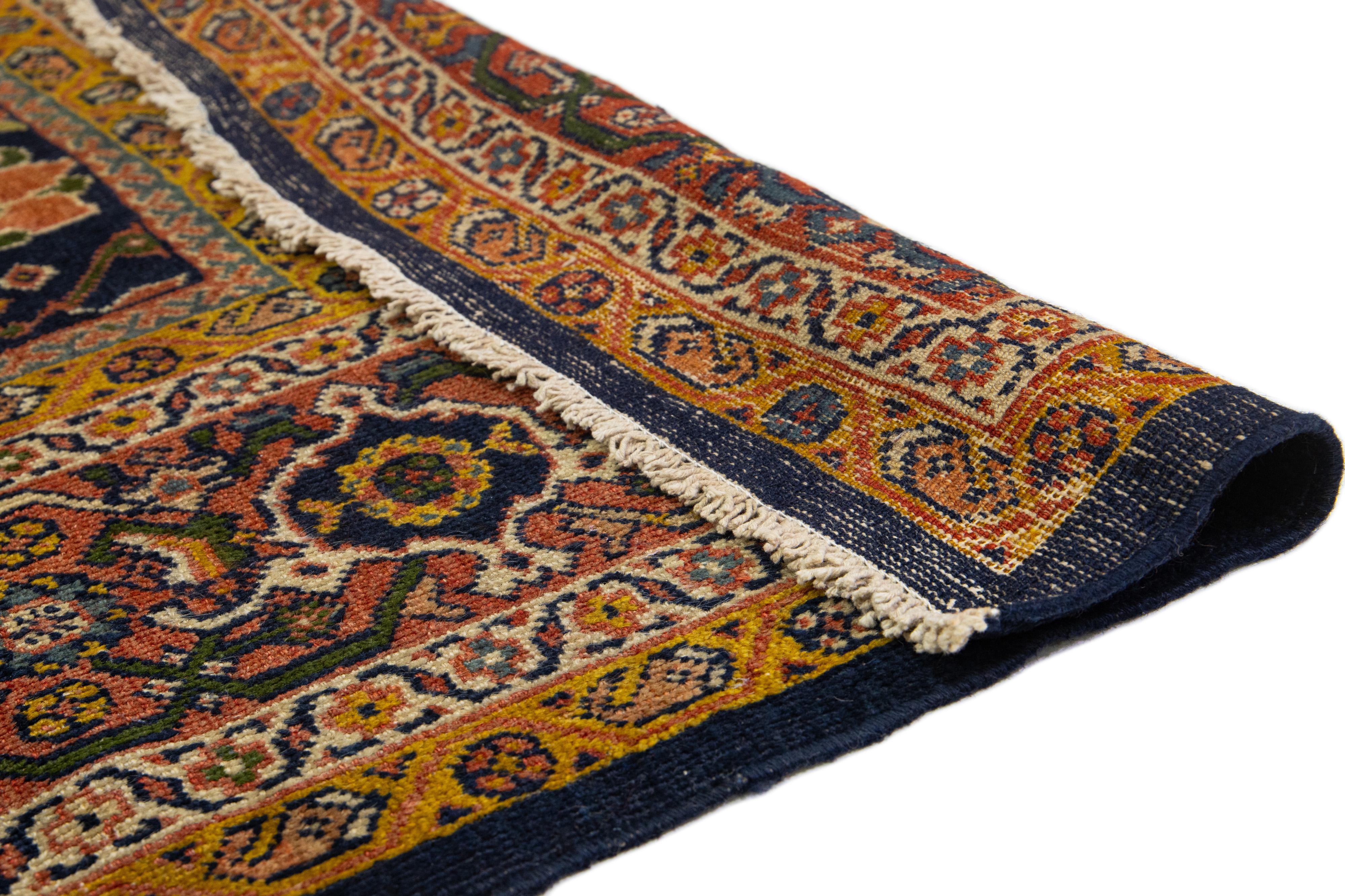 Hand-Knotted Blue Antique Persian Sultanabad Wool Rug From the 1880s With Floral Motif For Sale