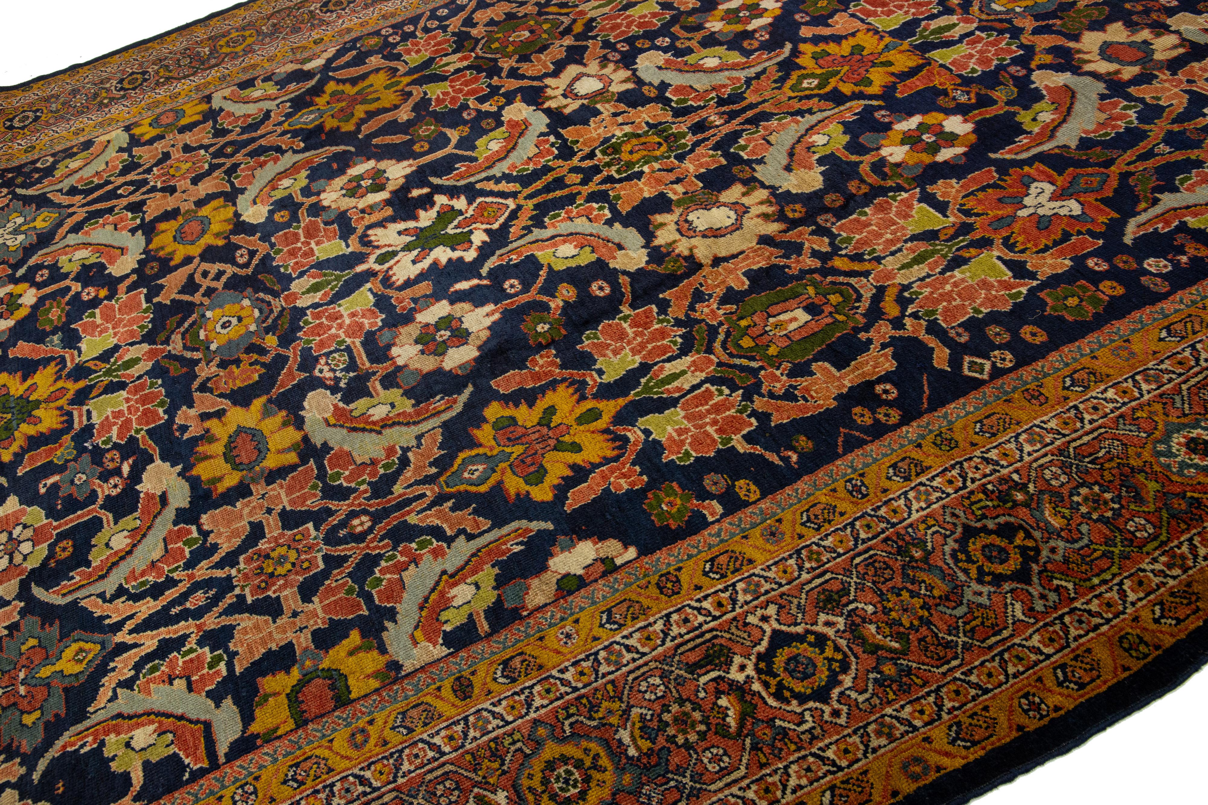 Blue Antique Persian Sultanabad Wool Rug From the 1880s With Floral Motif In Excellent Condition For Sale In Norwalk, CT
