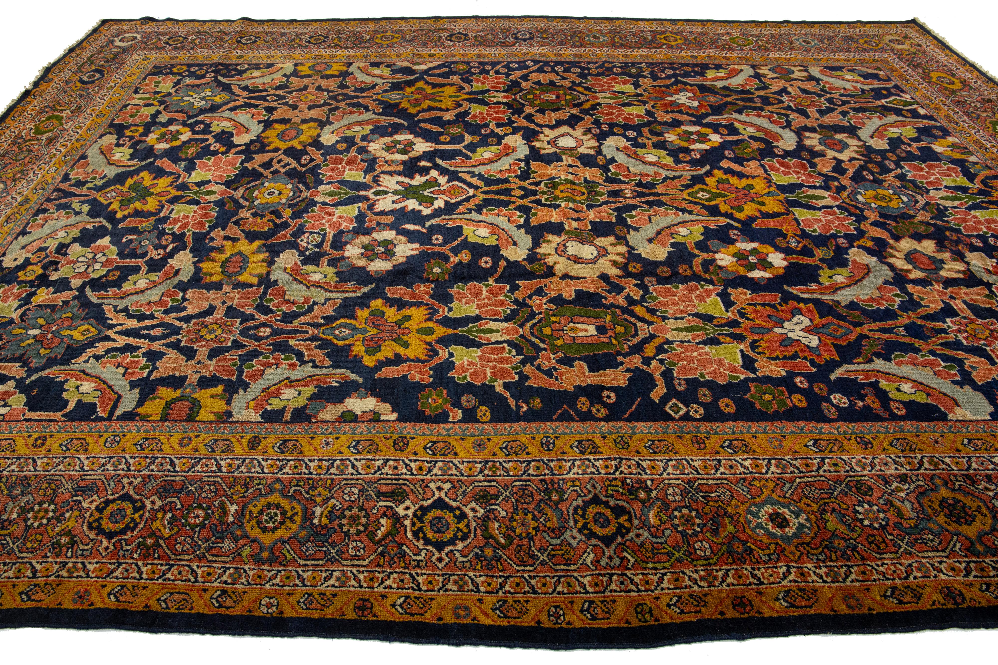 19th Century Blue Antique Persian Sultanabad Wool Rug From the 1880s With Floral Motif For Sale