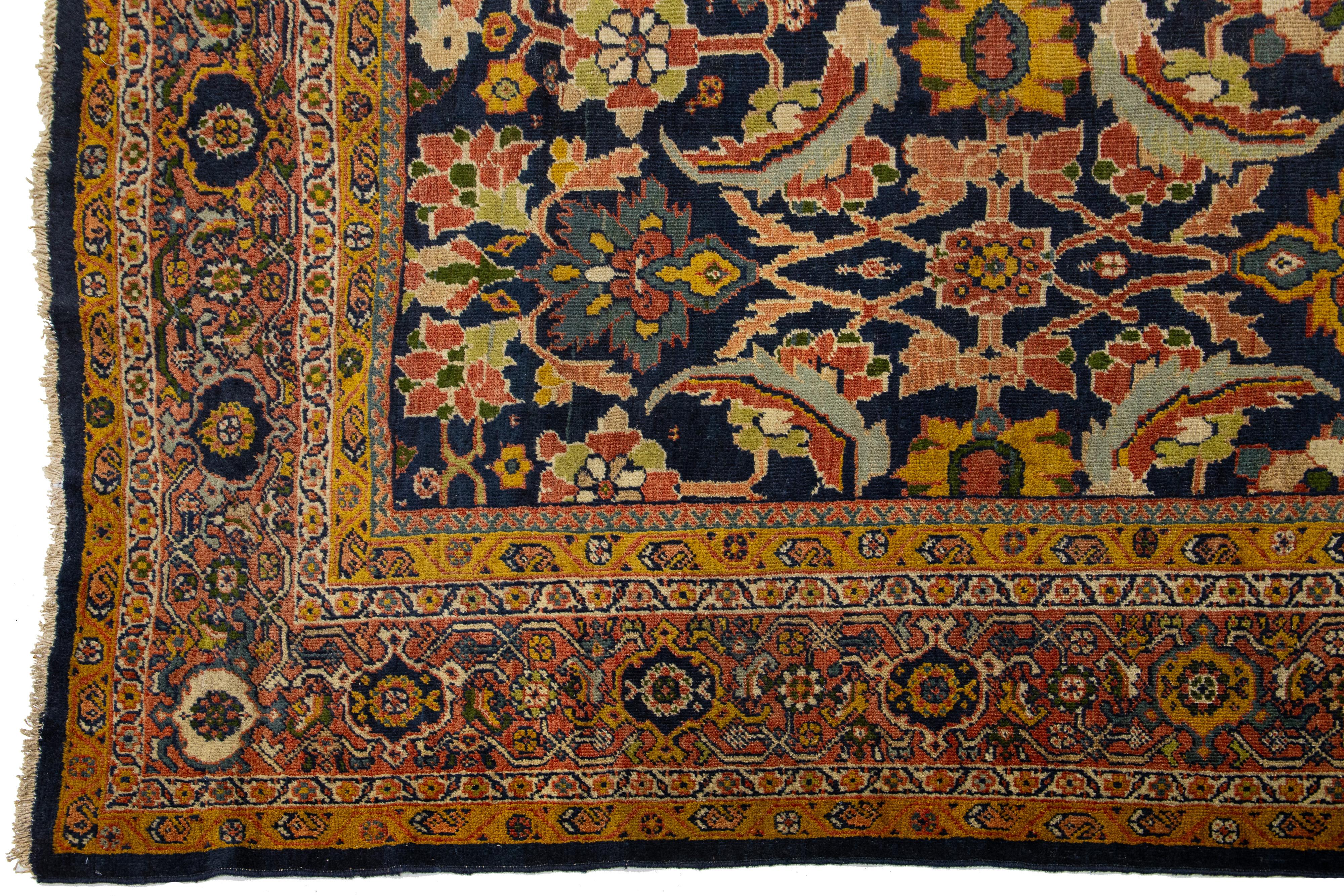 Blue Antique Persian Sultanabad Wool Rug From the 1880s With Floral Motif For Sale 1