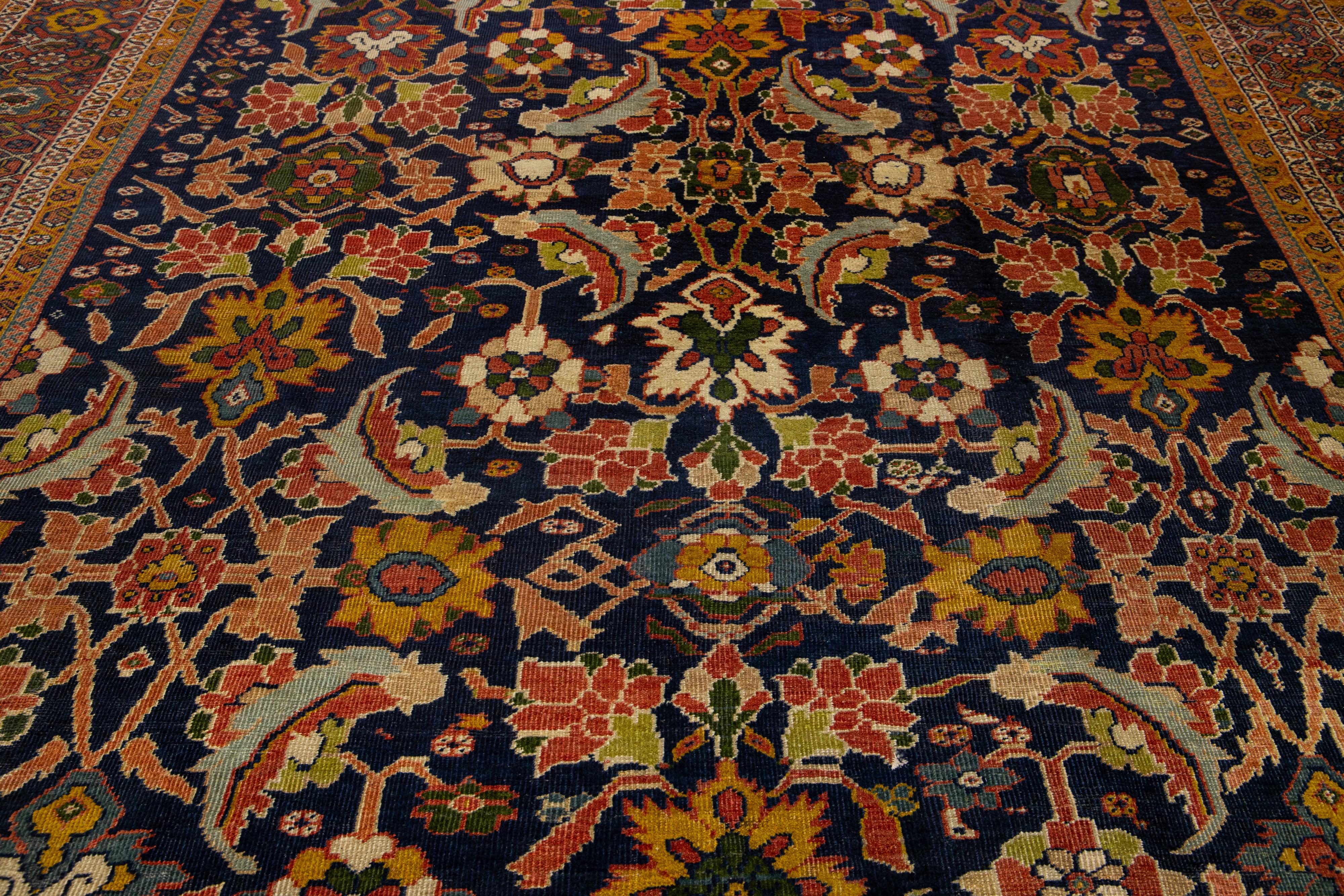 Blue Antique Persian Sultanabad Wool Rug From the 1880s With Floral Motif For Sale 2