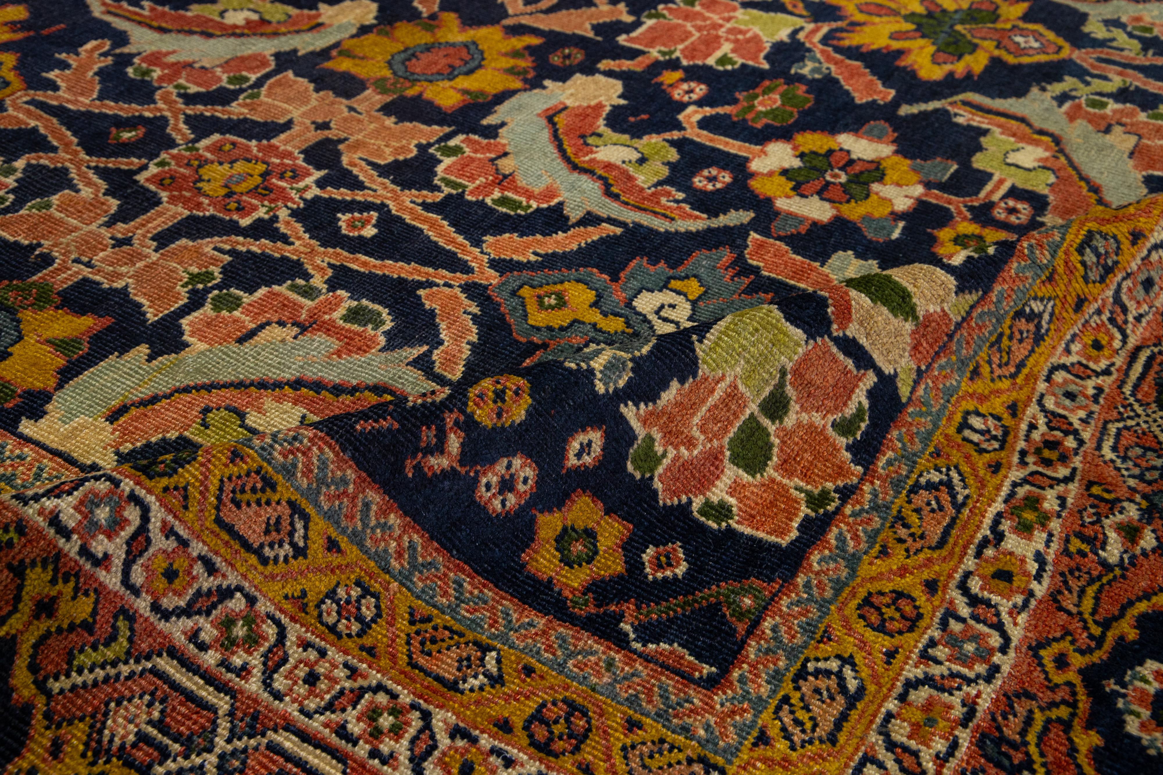 Blue Antique Persian Sultanabad Wool Rug From the 1880s With Floral Motif For Sale 4