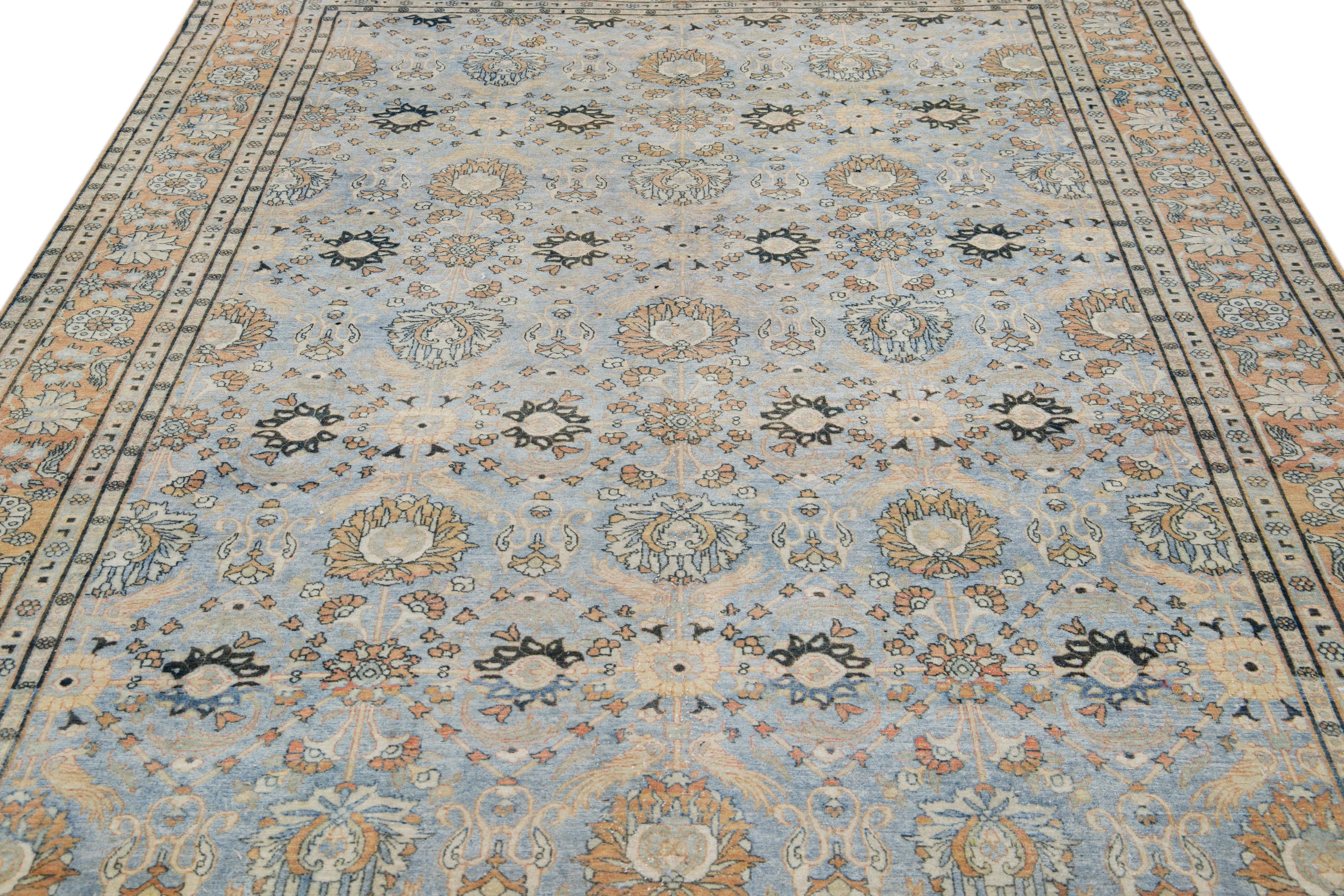 Islamic Blue Antique Persian Tabriz Handmade Floral Pattern Wool Rug For Sale