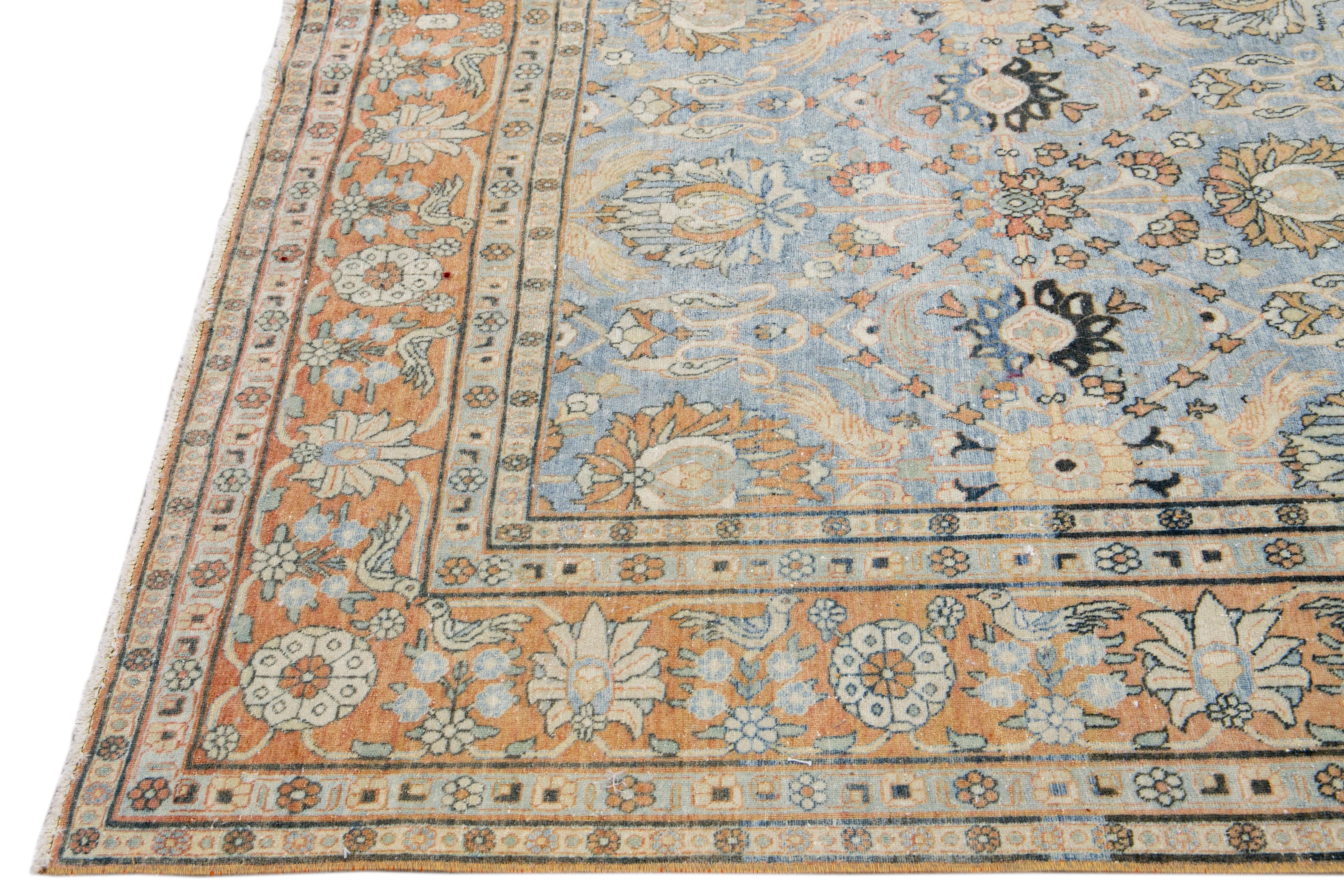 Hand-Knotted Blue Antique Persian Tabriz Handmade Floral Pattern Wool Rug For Sale