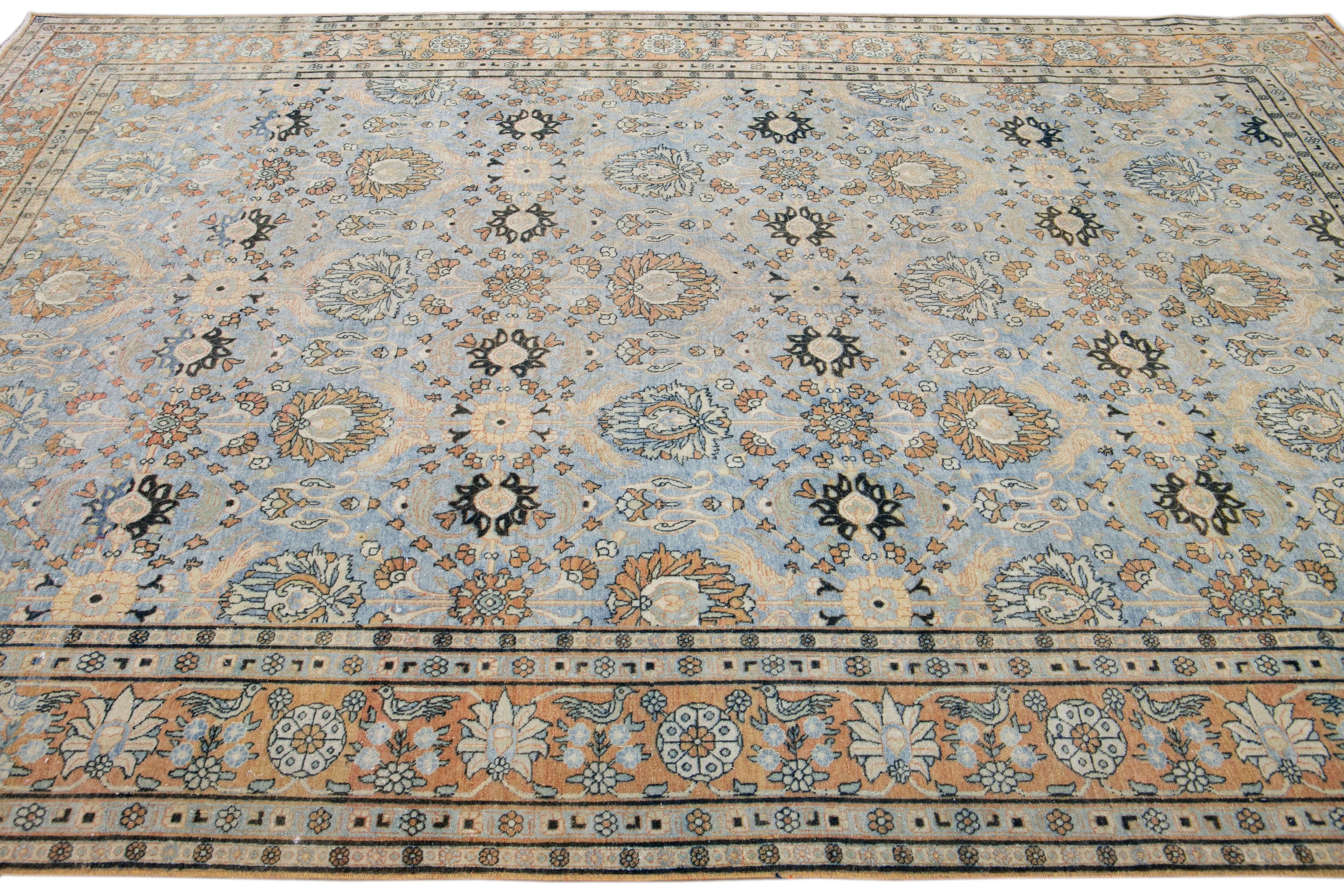 Blue Antique Persian Tabriz Handmade Floral Pattern Wool Rug In Excellent Condition For Sale In Norwalk, CT