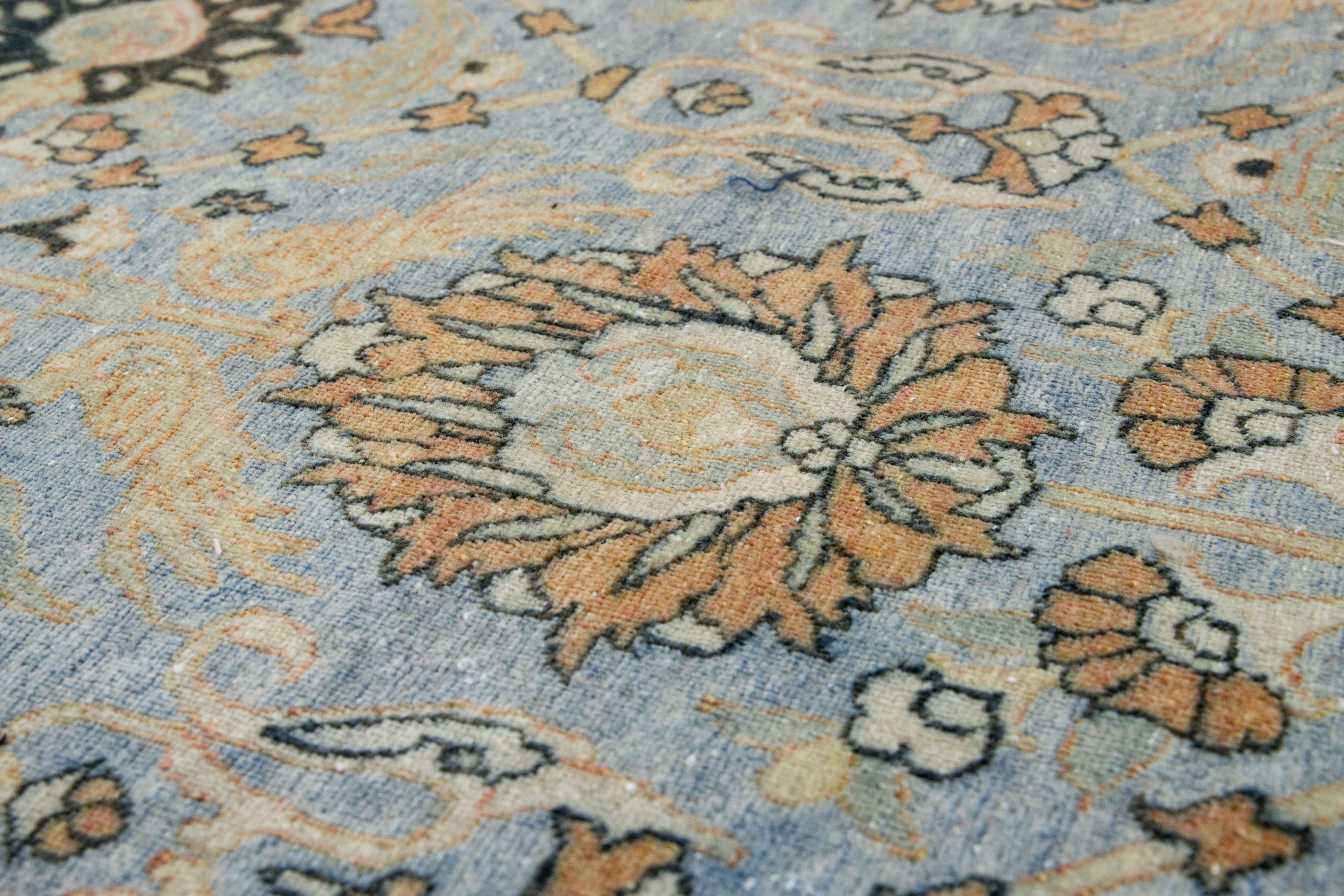 Early 20th Century Blue Antique Persian Tabriz Handmade Floral Pattern Wool Rug For Sale