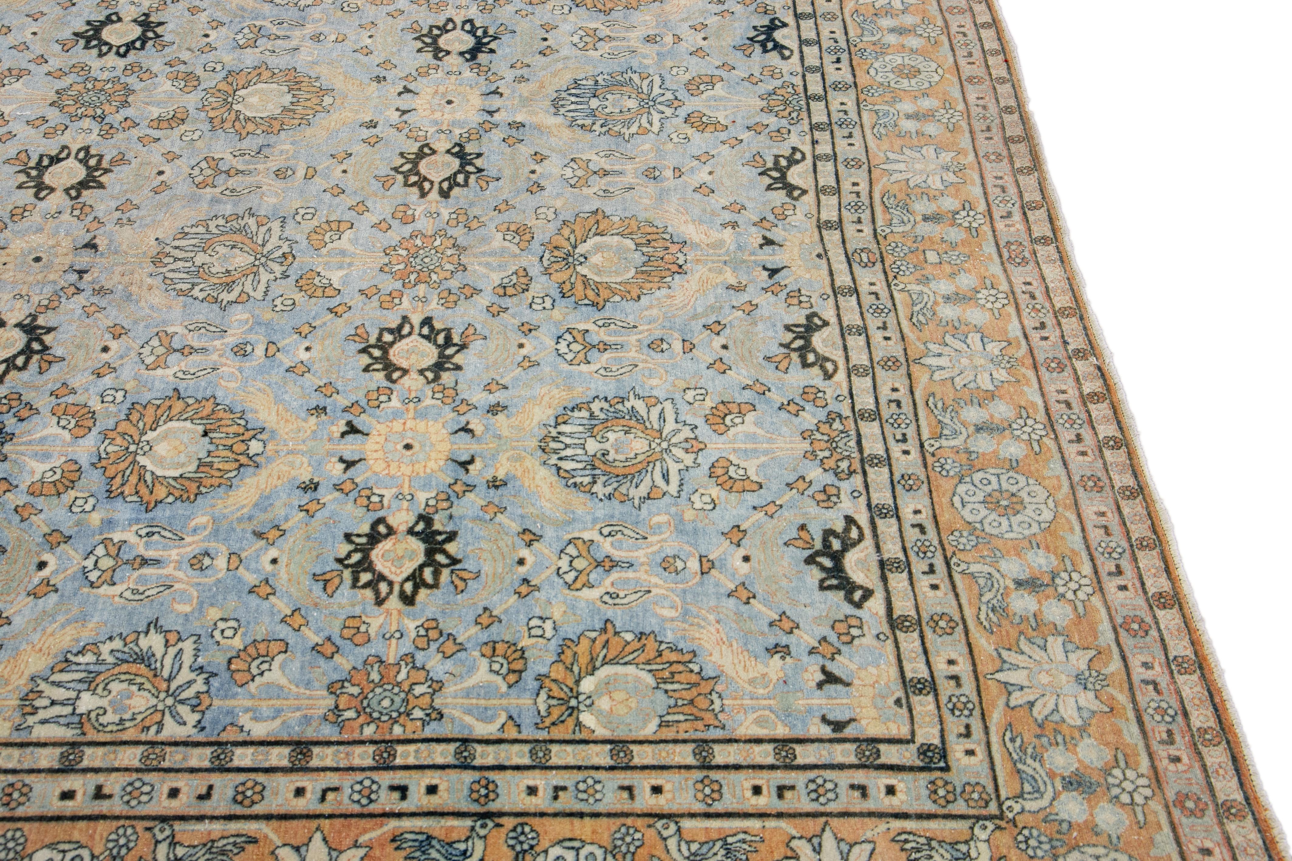 Blue Antique Persian Tabriz Handmade Floral Pattern Wool Rug For Sale 1
