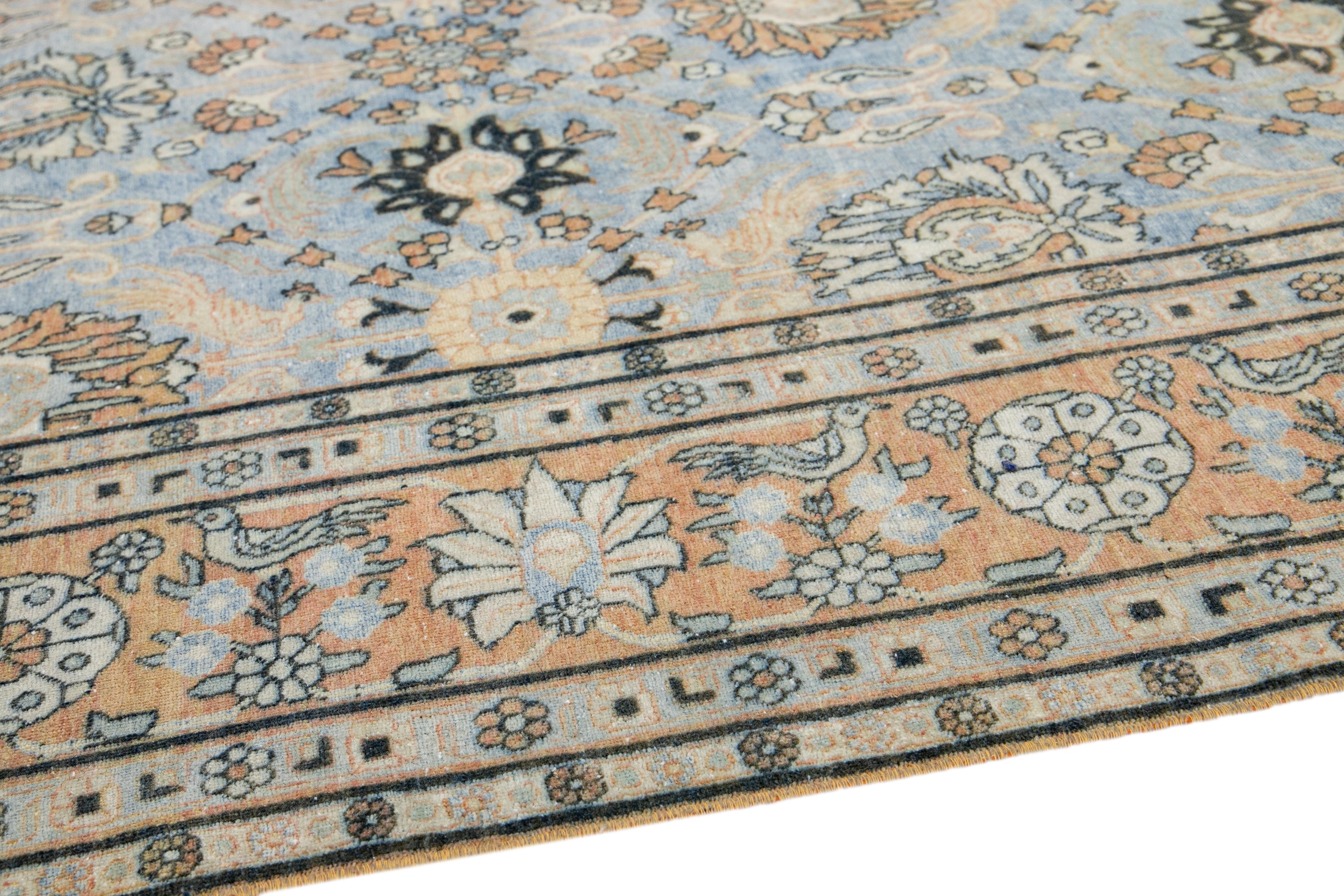 Blue Antique Persian Tabriz Handmade Floral Pattern Wool Rug For Sale 2