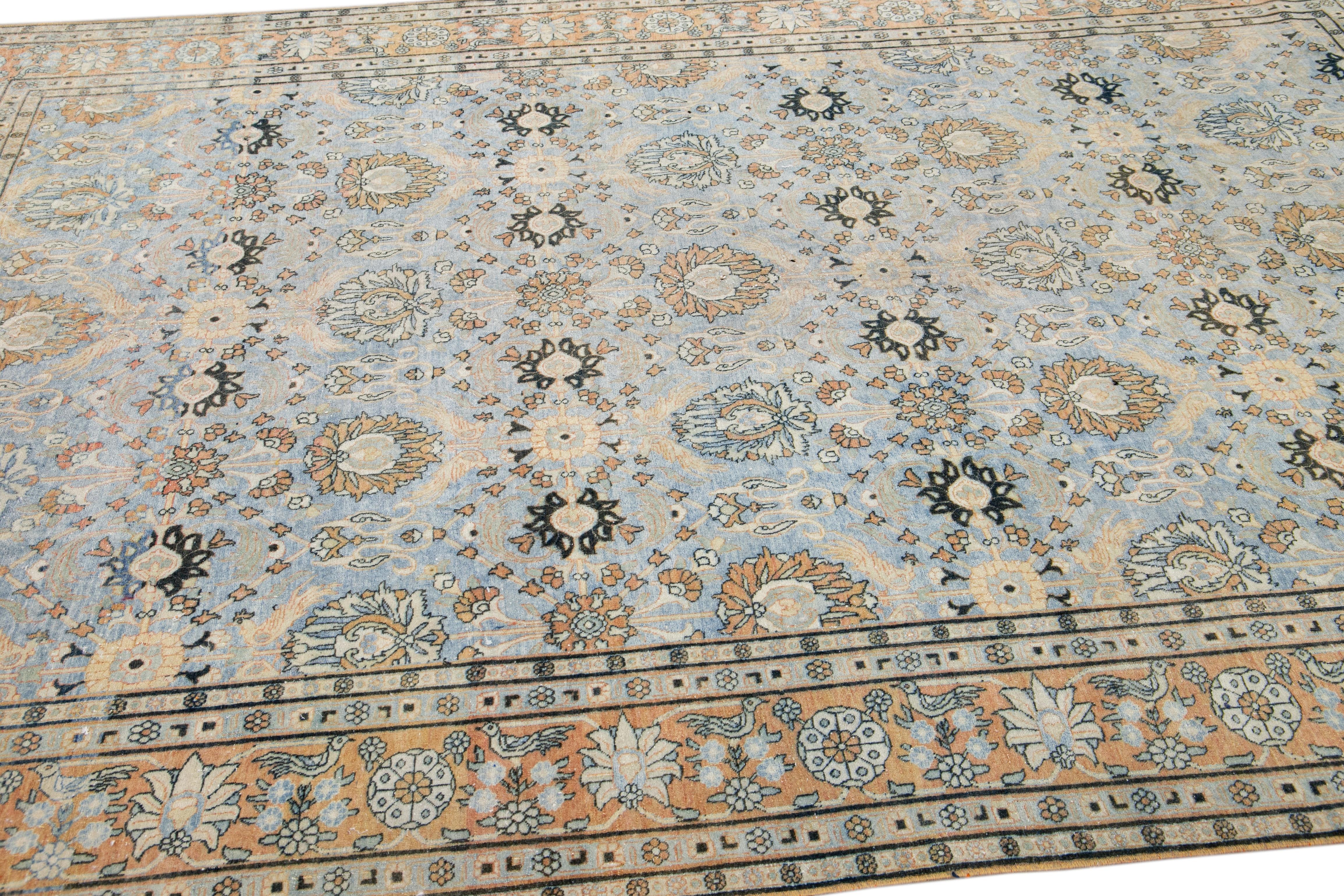 Blue Antique Persian Tabriz Handmade Floral Pattern Wool Rug For Sale 3