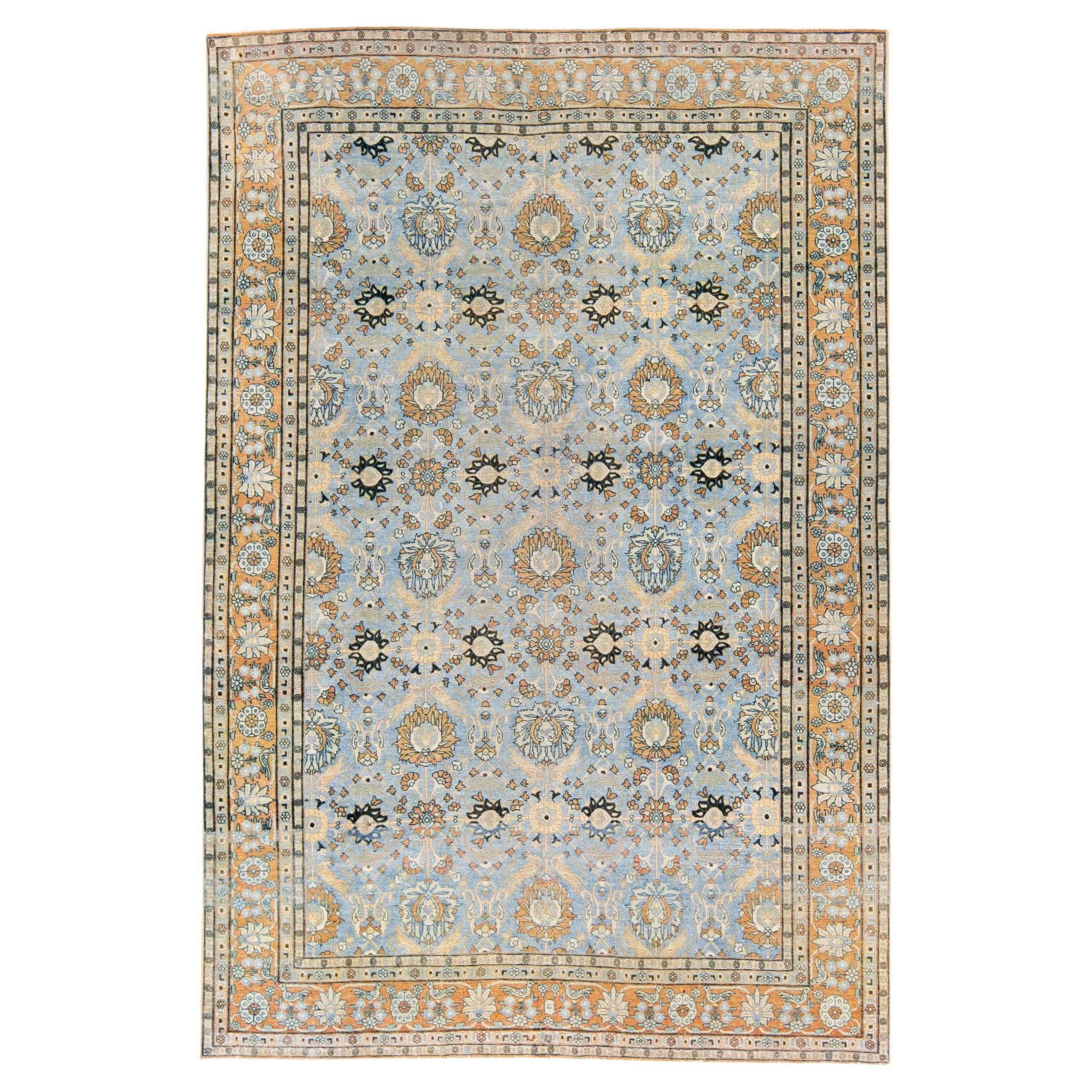 Blue Antique Persian Tabriz Handmade Floral Pattern Wool Rug For Sale