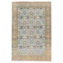 Blue Antique Persian Tabriz Handmade Floral Pattern Wool Rug