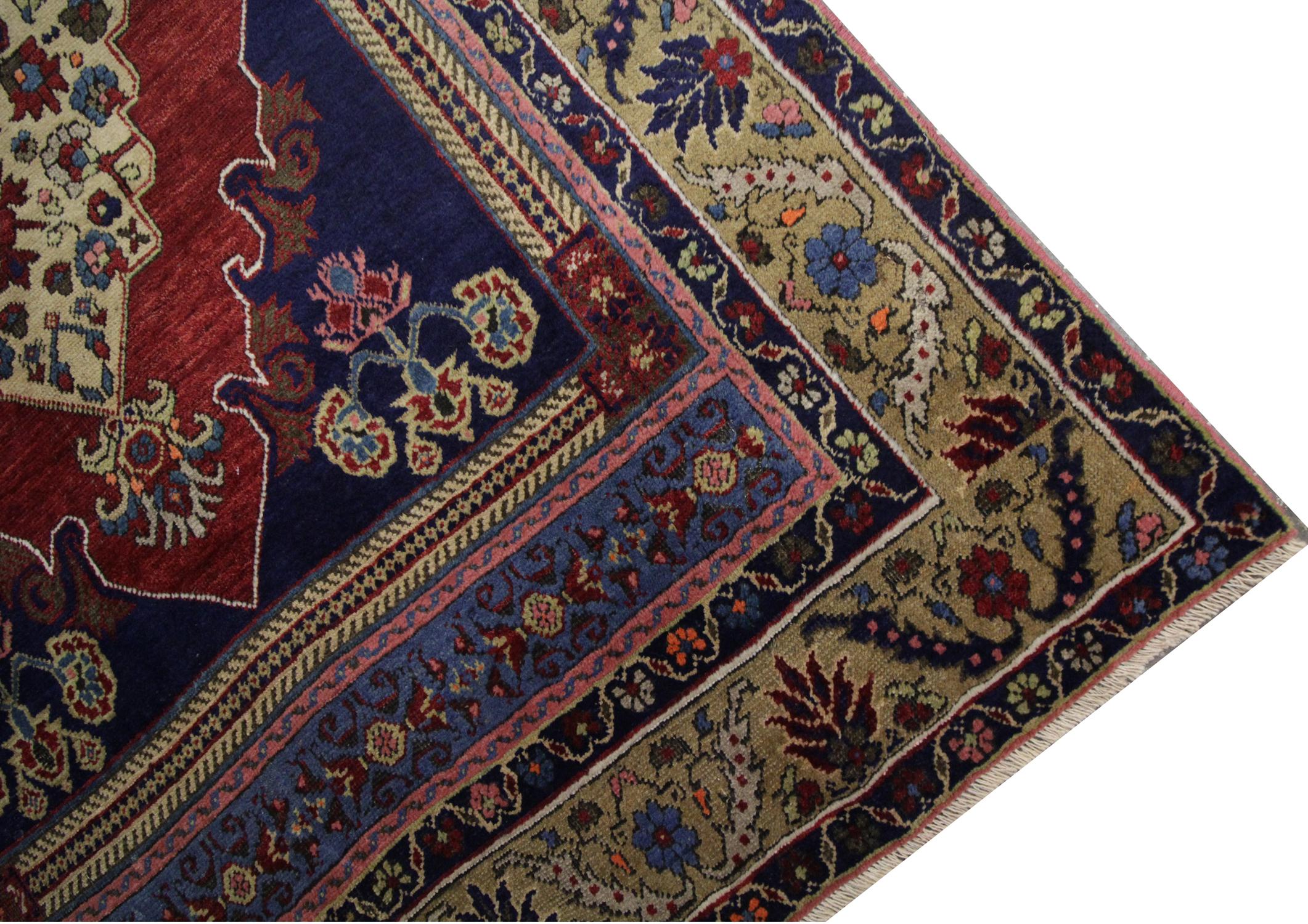 Tribal Blue Antique Rug Turkish Living Room Rug, Floral Design Red Wool Carpet for Sale For Sale