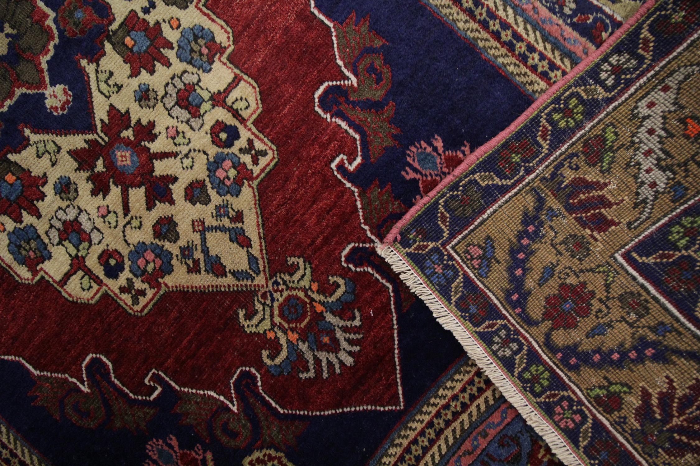 Vegetable Dyed Blue Antique Rug Turkish Living Room Rug, Floral Design Red Wool Carpet for Sale For Sale