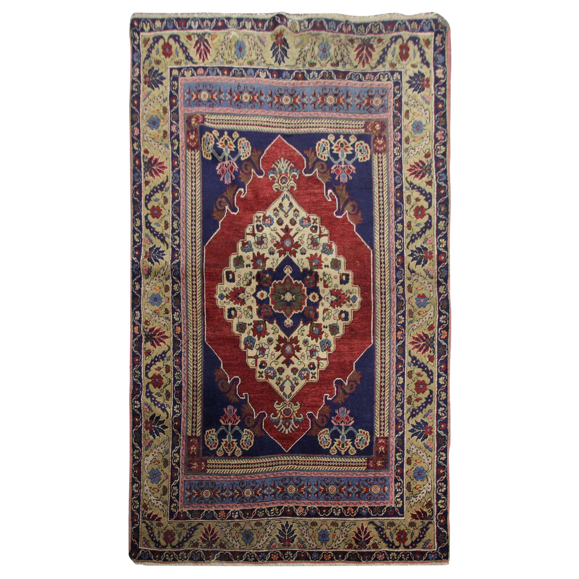 Blue Antique Rug Turkish Living Room Rug, Floral Design Red Wool Carpet for Sale For Sale