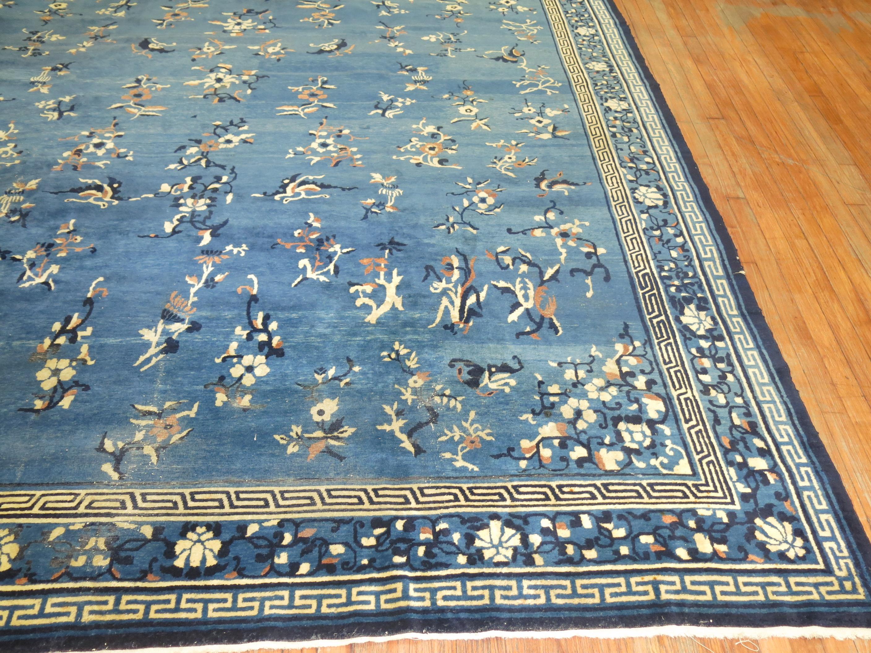 20th Century Blue Antique Shabby Chic Chinese Rug