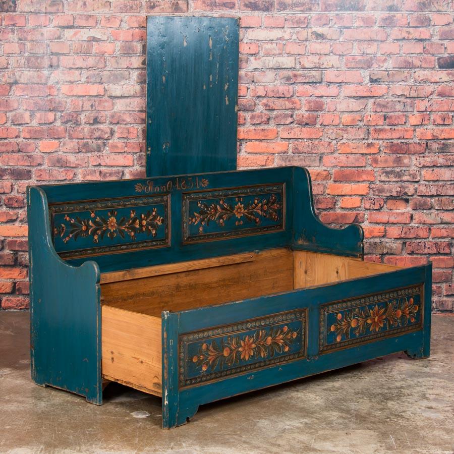 Blue Antique Swedish Storage Bench with Folk Art Paint In Good Condition In Round Top, TX