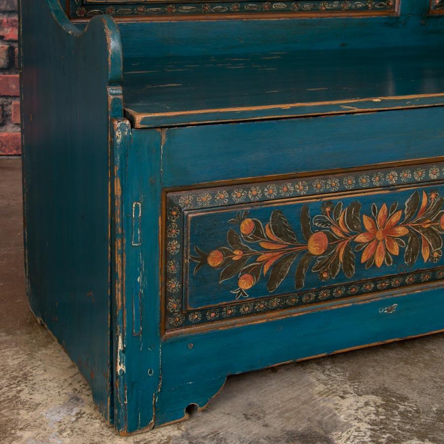19th Century Blue Antique Swedish Storage Bench with Folk Art Paint