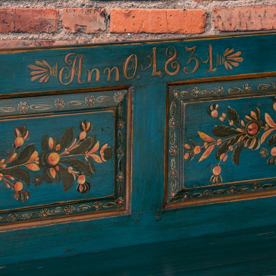 Wood Blue Antique Swedish Storage Bench with Folk Art Paint