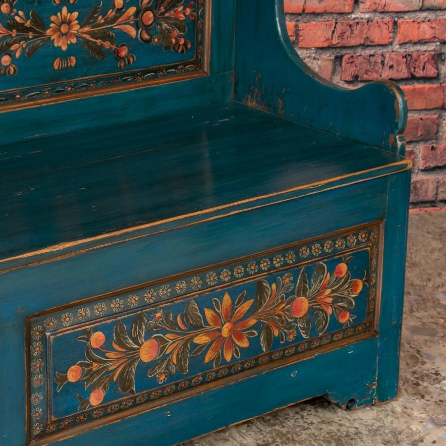 Blue Antique Swedish Storage Bench with Folk Art Paint 1