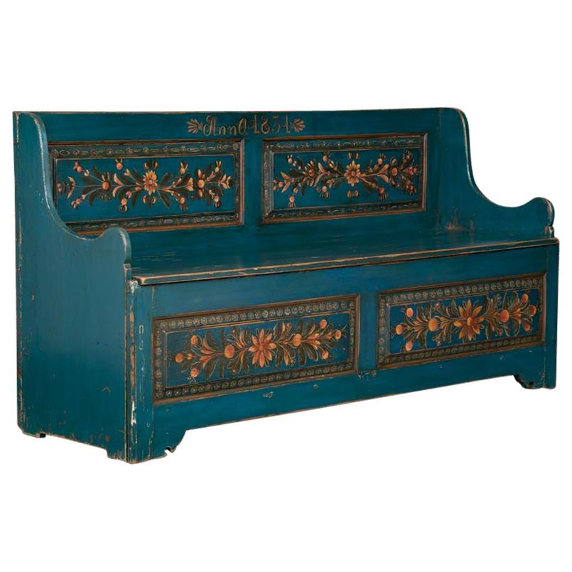 Blue Antique Swedish Storage Bench with Folk Art Paint