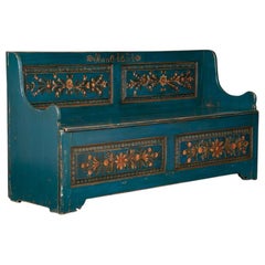 Blue Antique Swedish Storage Bench with Folk Art Paint