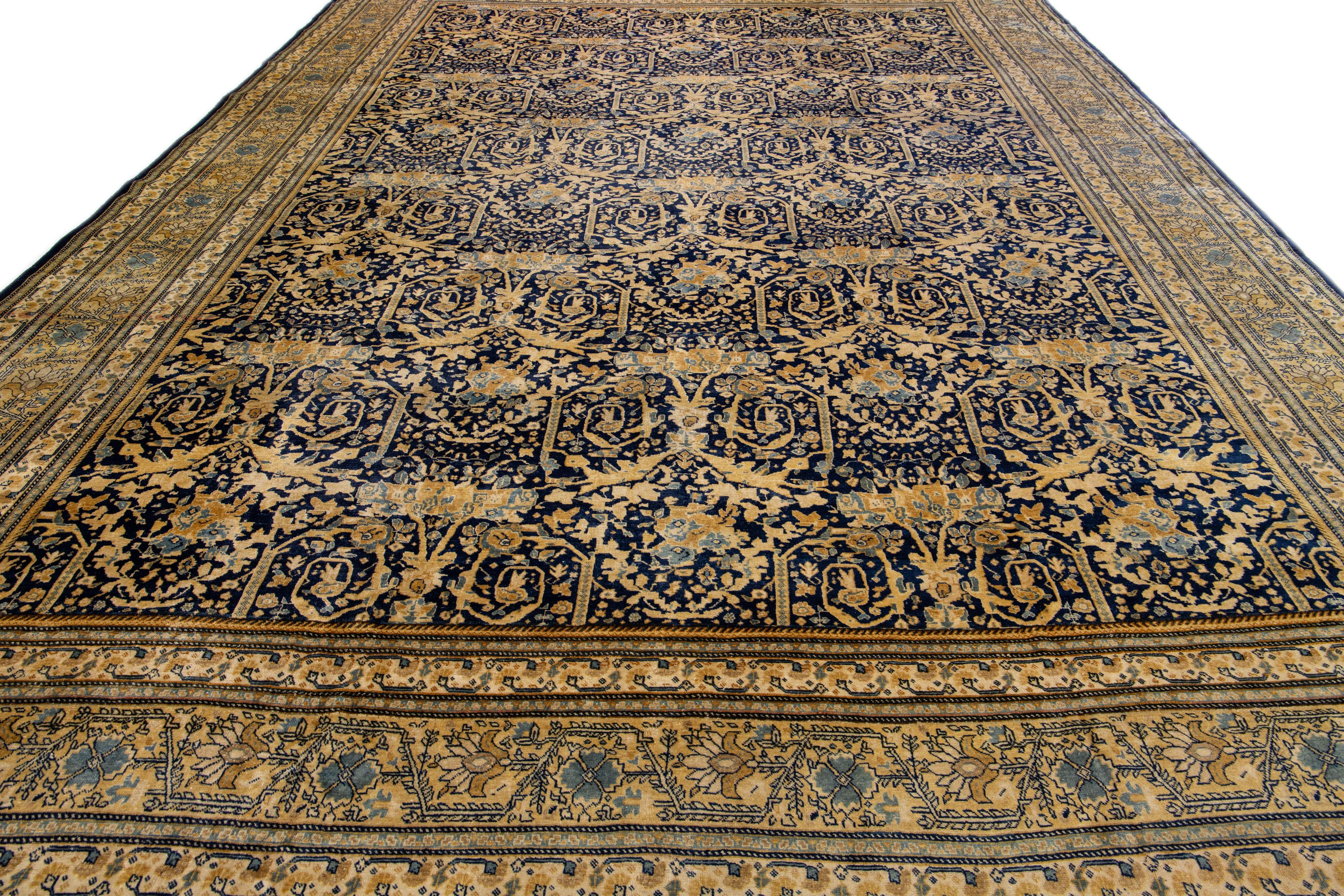 Hand-Knotted Blue Antique Tabriz Handmade Allover Floral Persian Wool Rug For Sale