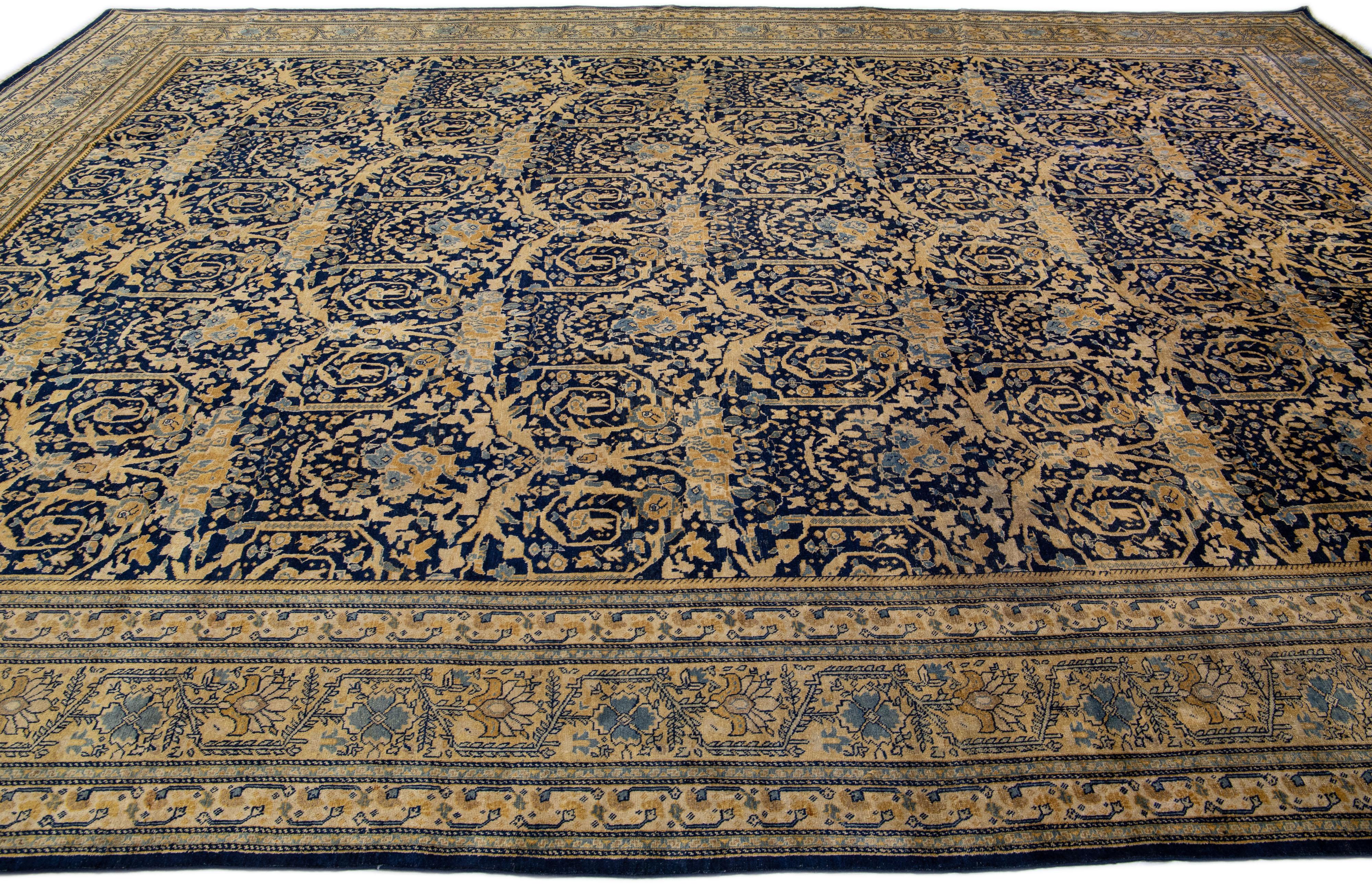 20th Century Blue Antique Tabriz Handmade Allover Floral Persian Wool Rug For Sale