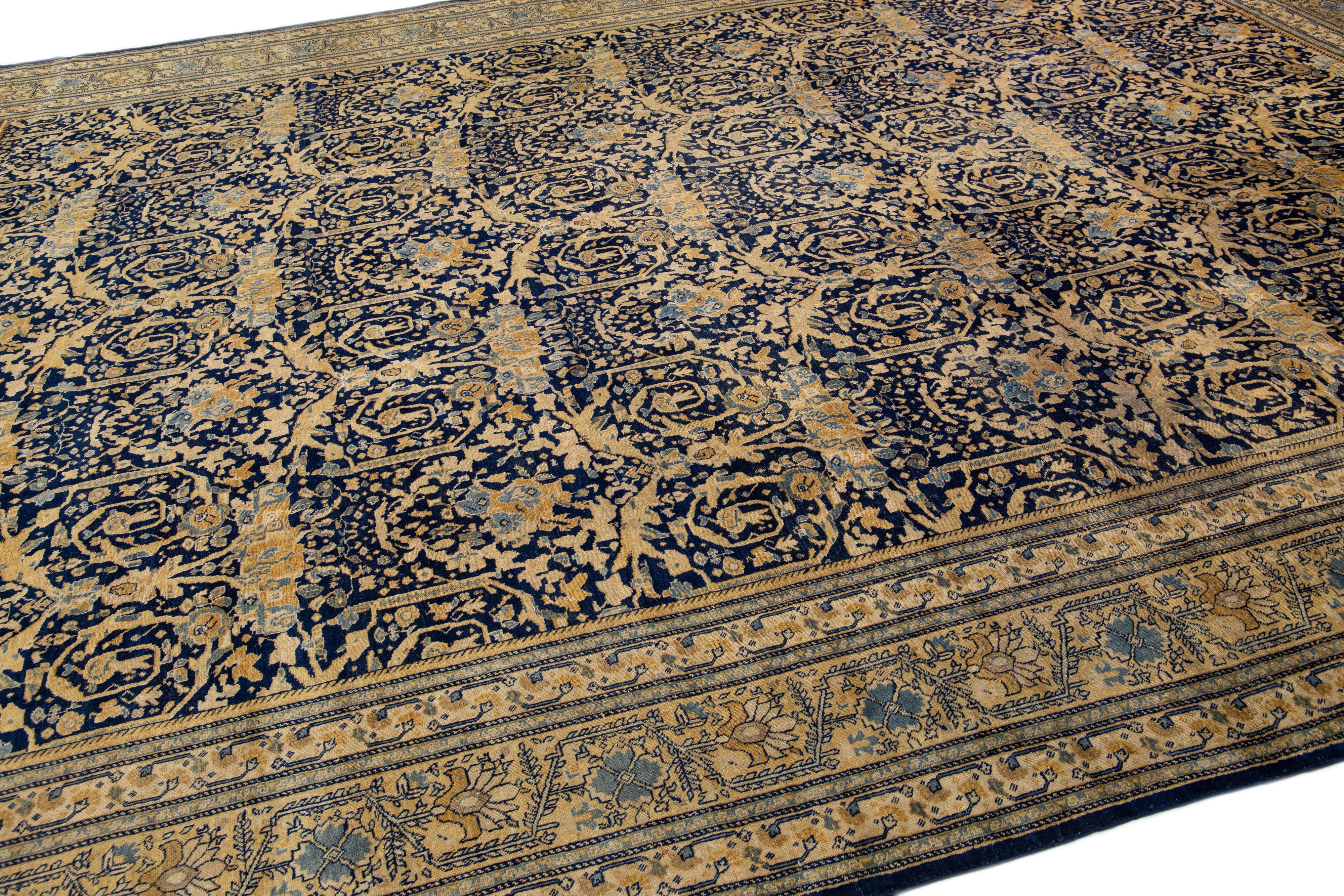 Blue Antique Tabriz Handmade Allover Floral Persian Wool Rug For Sale 1
