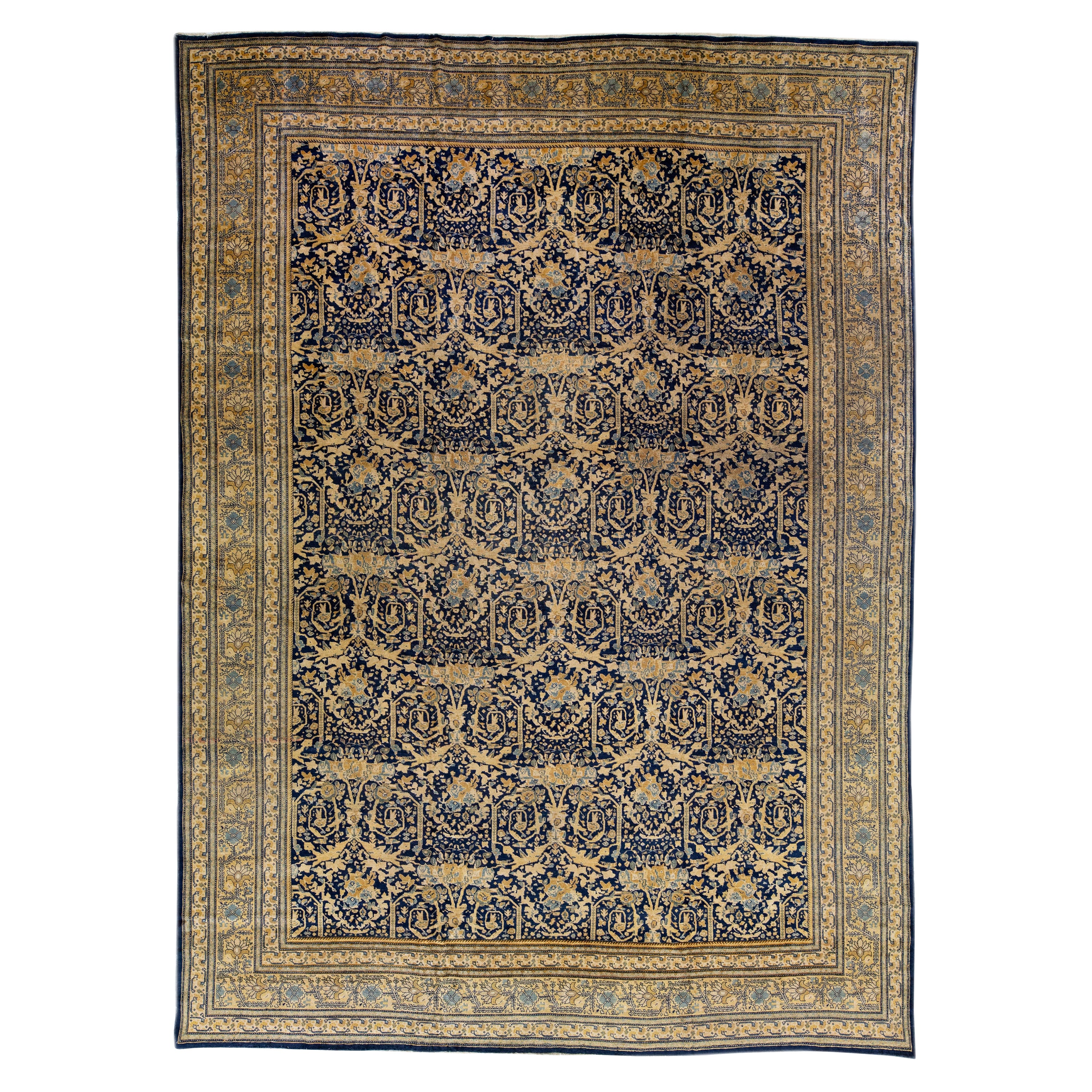Alfombra de lana persa azul Tabriz antigua hecha a mano con motivos florales