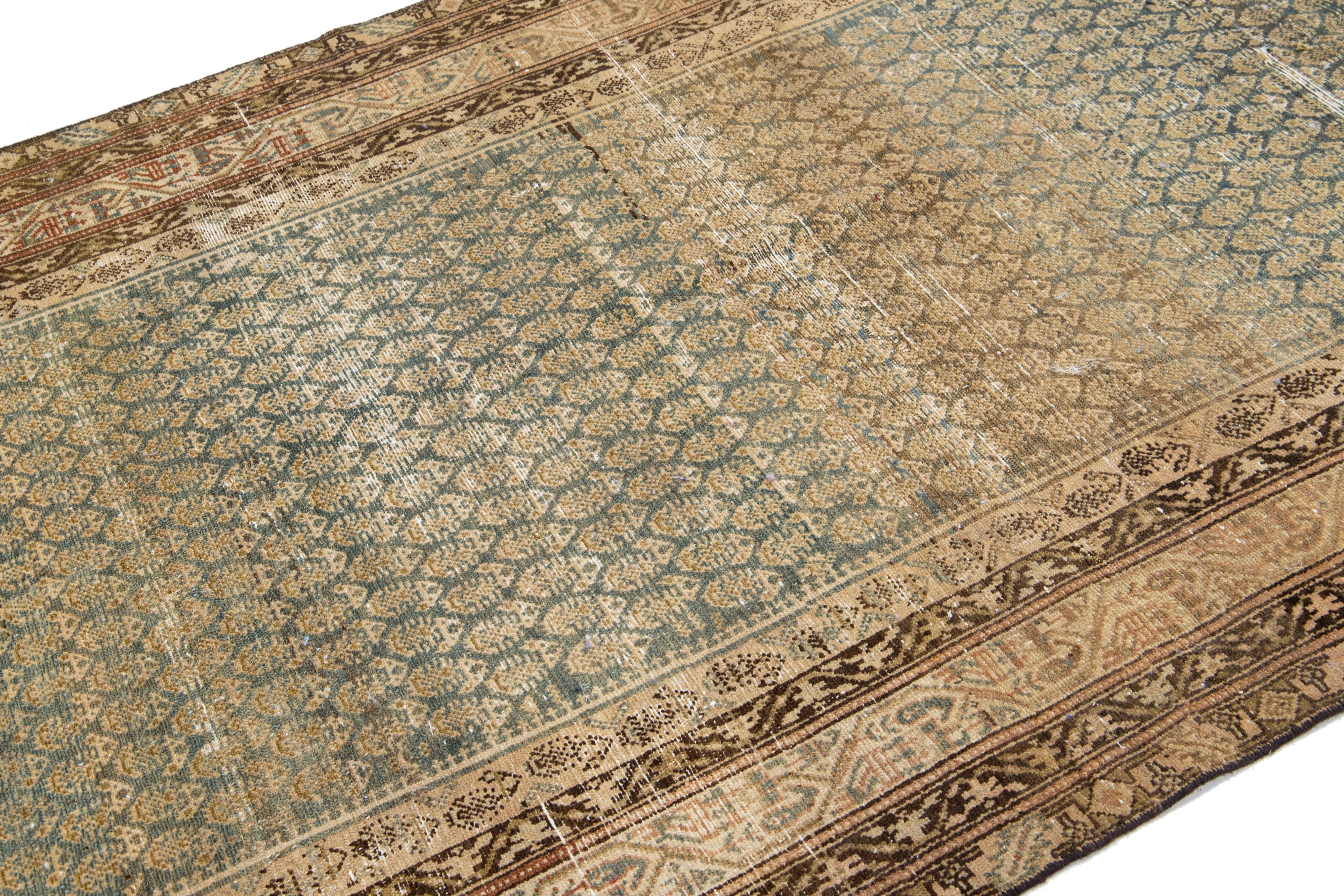 Hand-Knotted Blue Antique Wool Rug Handmade Persian Malayer From The 1910s with Allover Motif For Sale