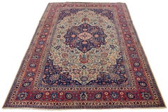 Blue Antique Wool Rug Persian Tabriz From 1920s with A Medallion Design