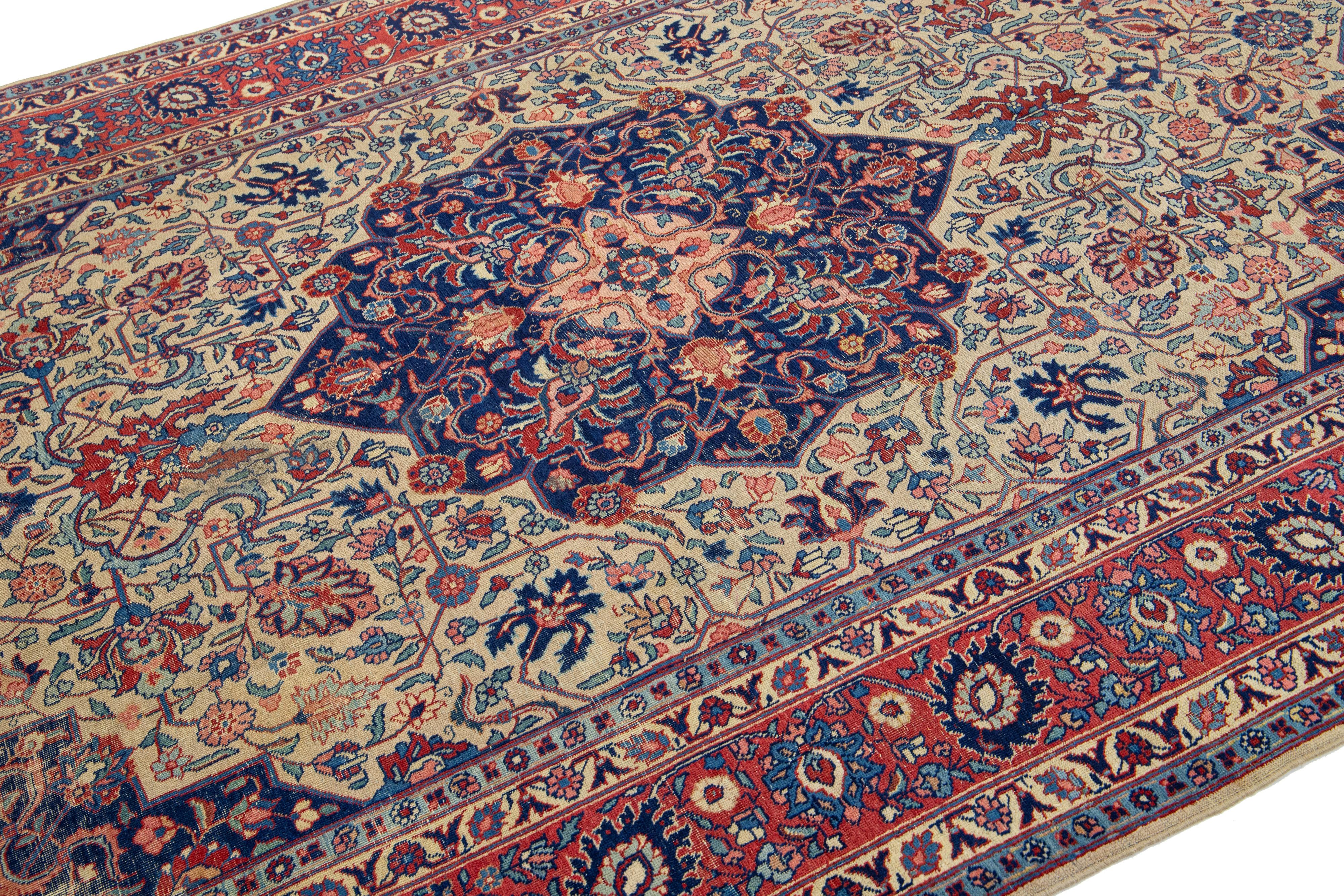 Hand-Knotted Blue Antique Wool Rug Persian Tabriz From 1920s with A Medallion Design For Sale