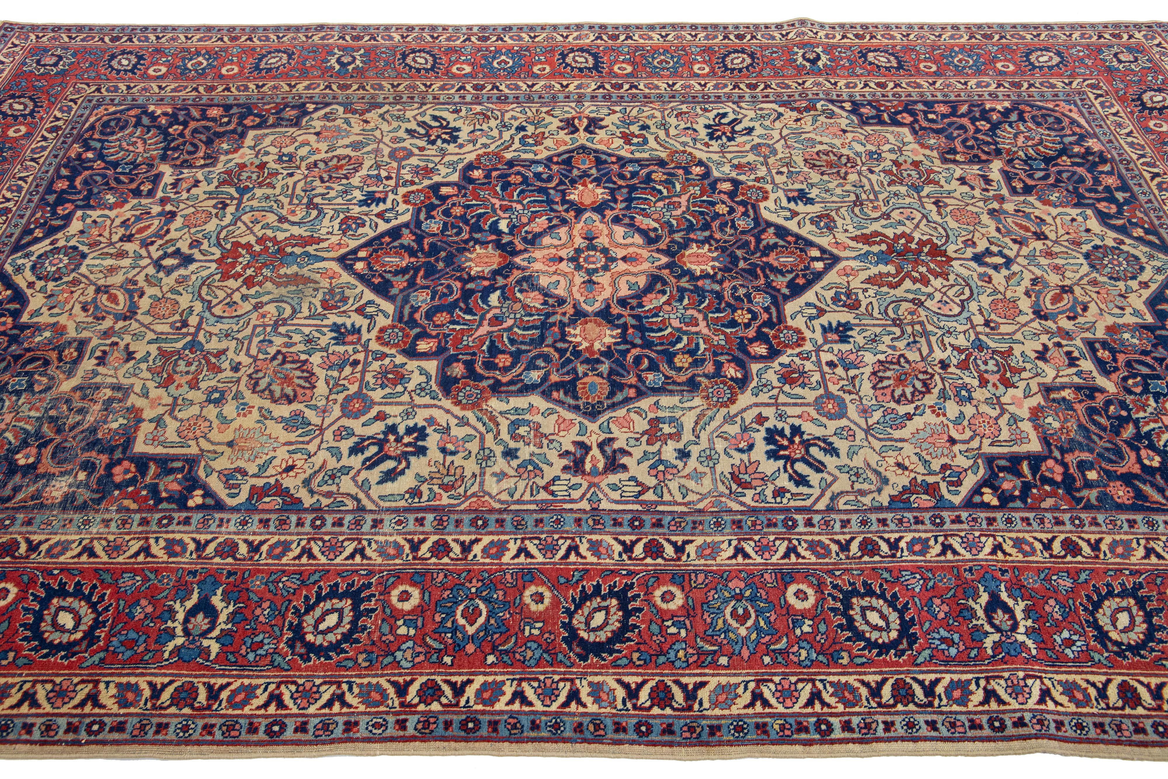 20th Century Blue Antique Wool Rug Persian Tabriz From 1920s with A Medallion Design For Sale