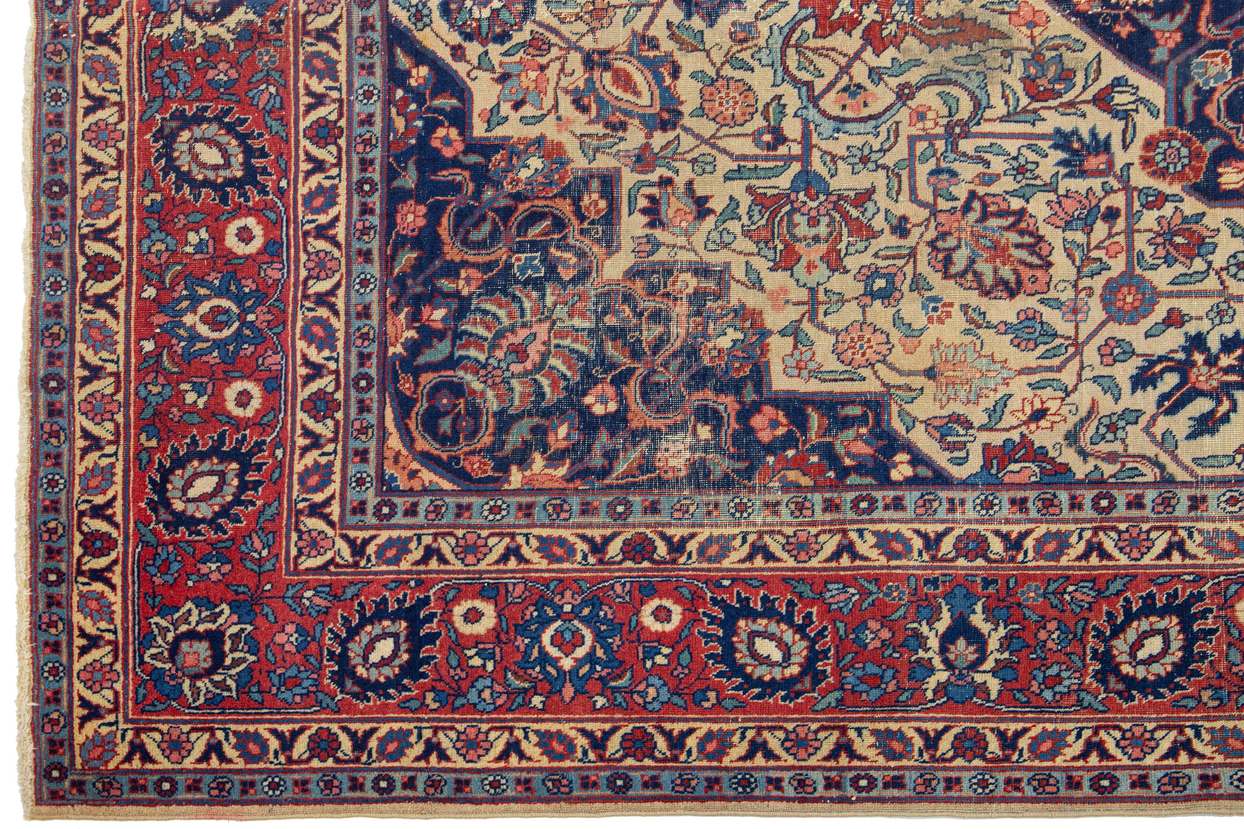 Blue Antique Wool Rug Persian Tabriz From 1920s with A Medallion Design For Sale 1