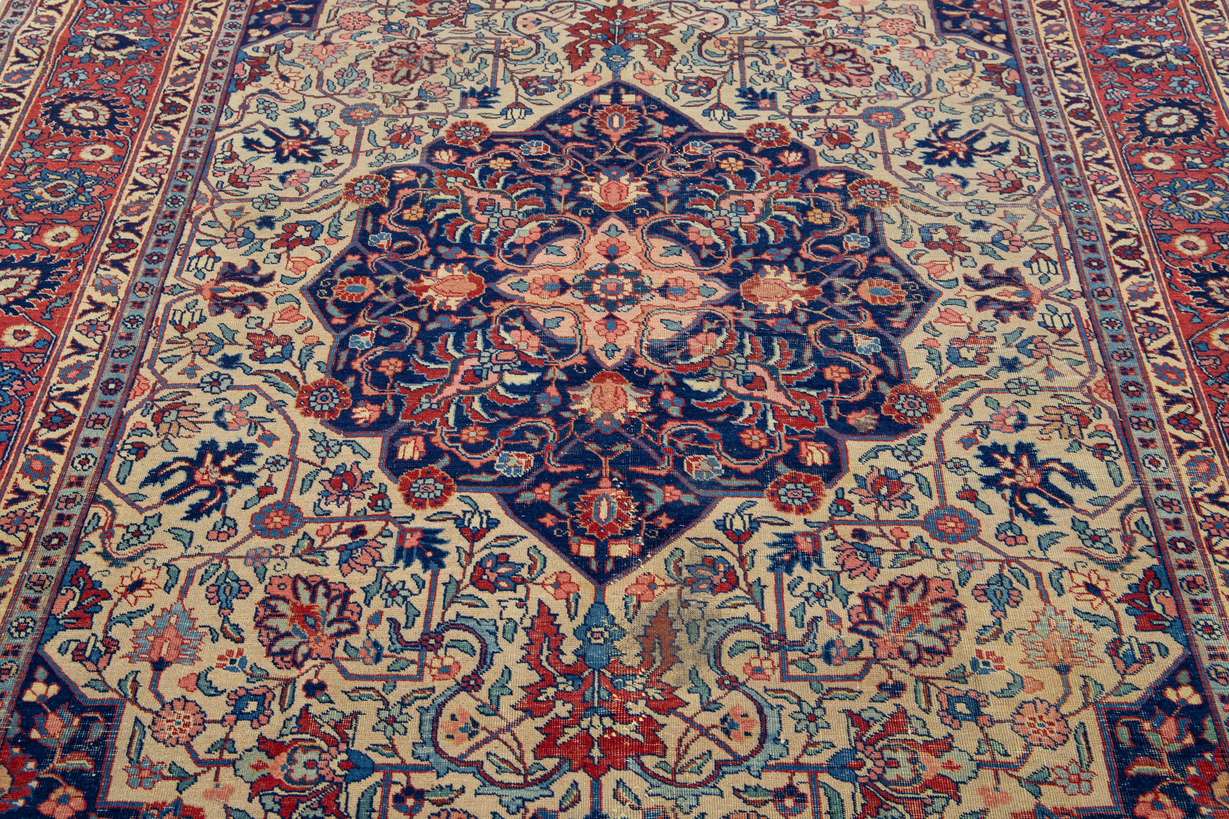 Blue Antique Wool Rug Persian Tabriz From 1920s with A Medallion Design For Sale 2