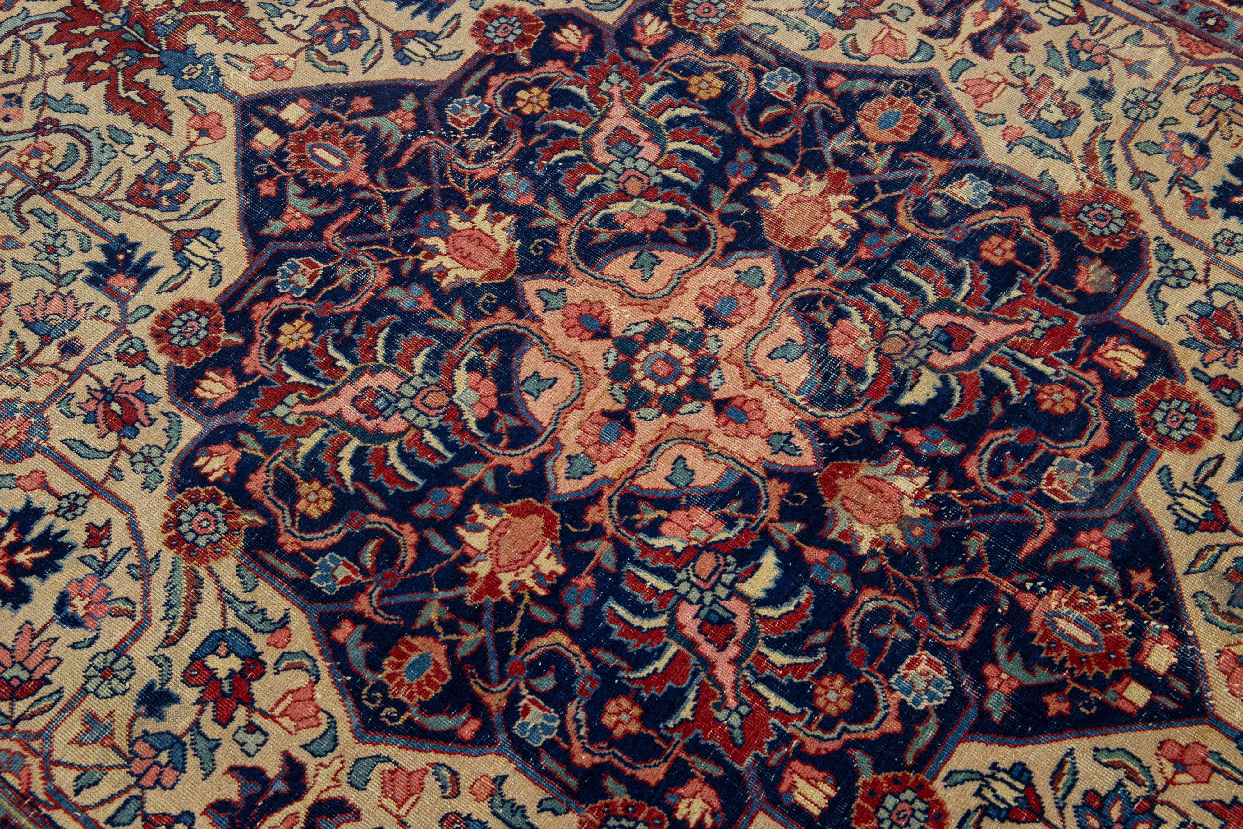 Blue Antique Wool Rug Persian Tabriz From 1920s with A Medallion Design For Sale 3